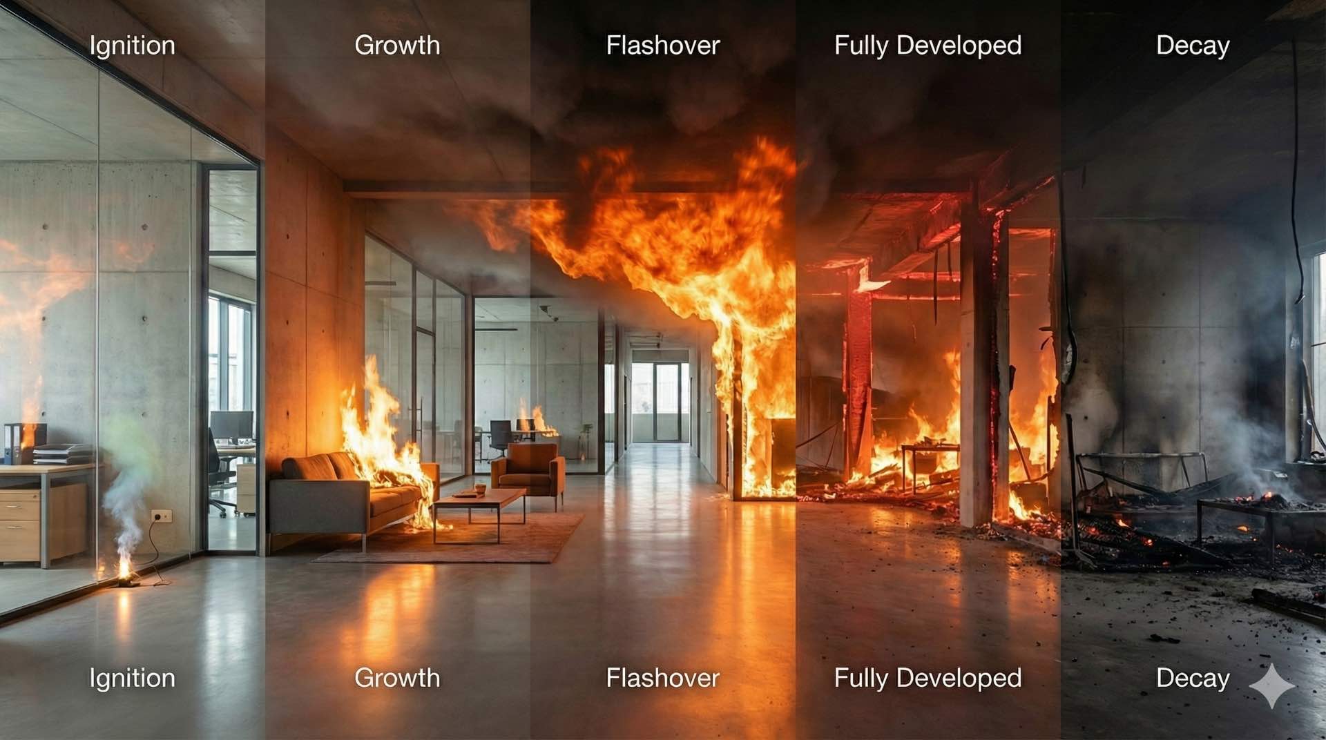 Yangın aşamaları nelerdir, yangın zaman içinde hangi süreçlerden geçer ve bu aşamalar nasıl ilerler? Yangının başlangıçtan sönmeye kadar olan gelişimi.