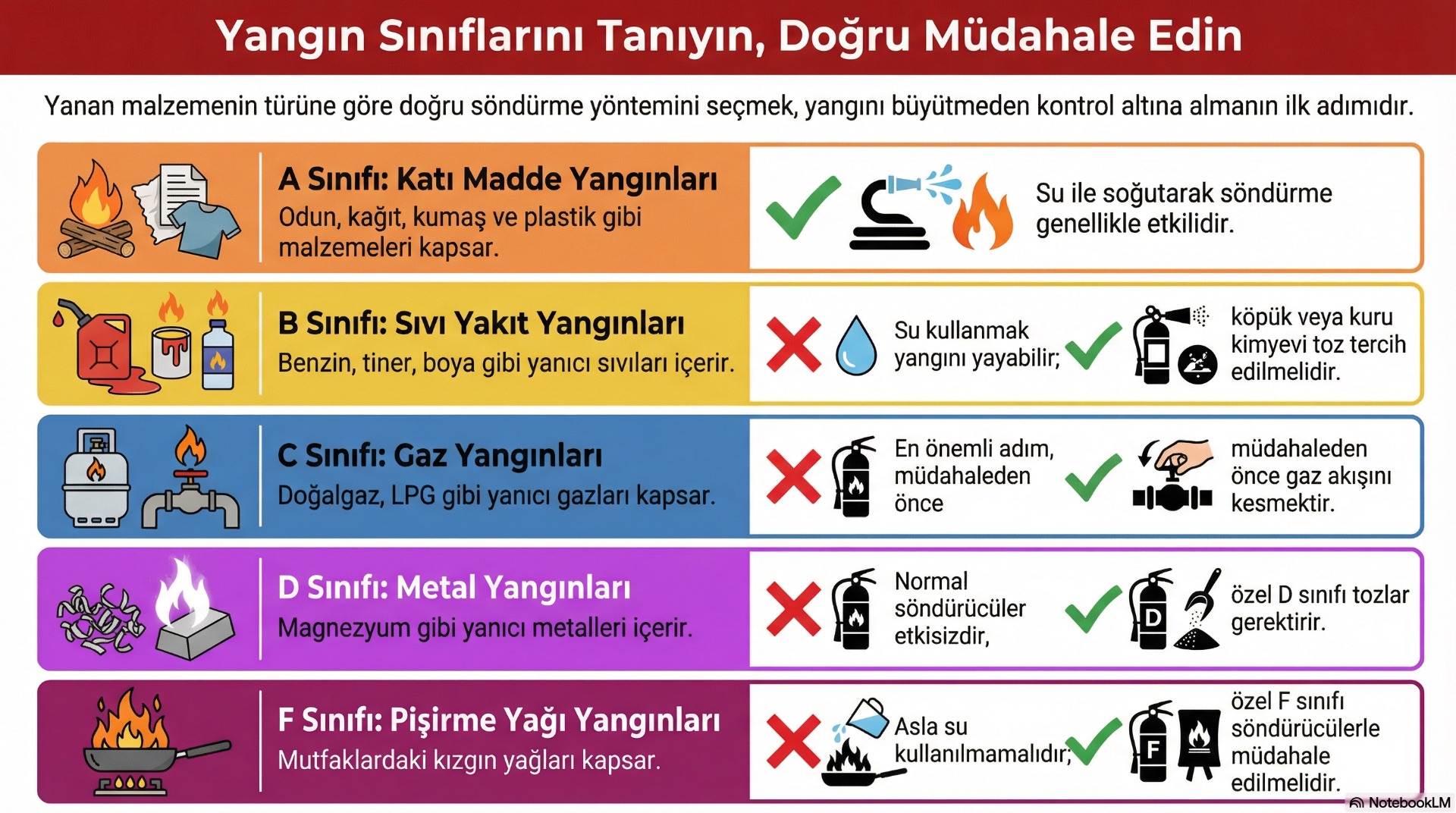 Yangınlar, yanan malzemenin cinsine göre sınıflandırılır. Yanlış tip söndürücü, yangını büyütebilir veya ciddi güvenlik riski oluşturabilir.