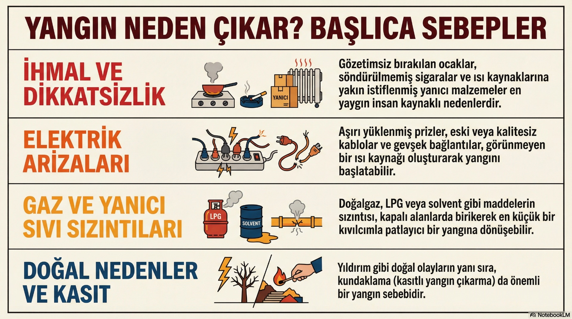 Yangınların nedeni, ihmal, arıza, yanlış kullanım veya doğal etkiyle ilk kıvılcımı oluşturur. Küçük bir hata sonucu başlayan yangınlar büyük felaketlere yol açar.