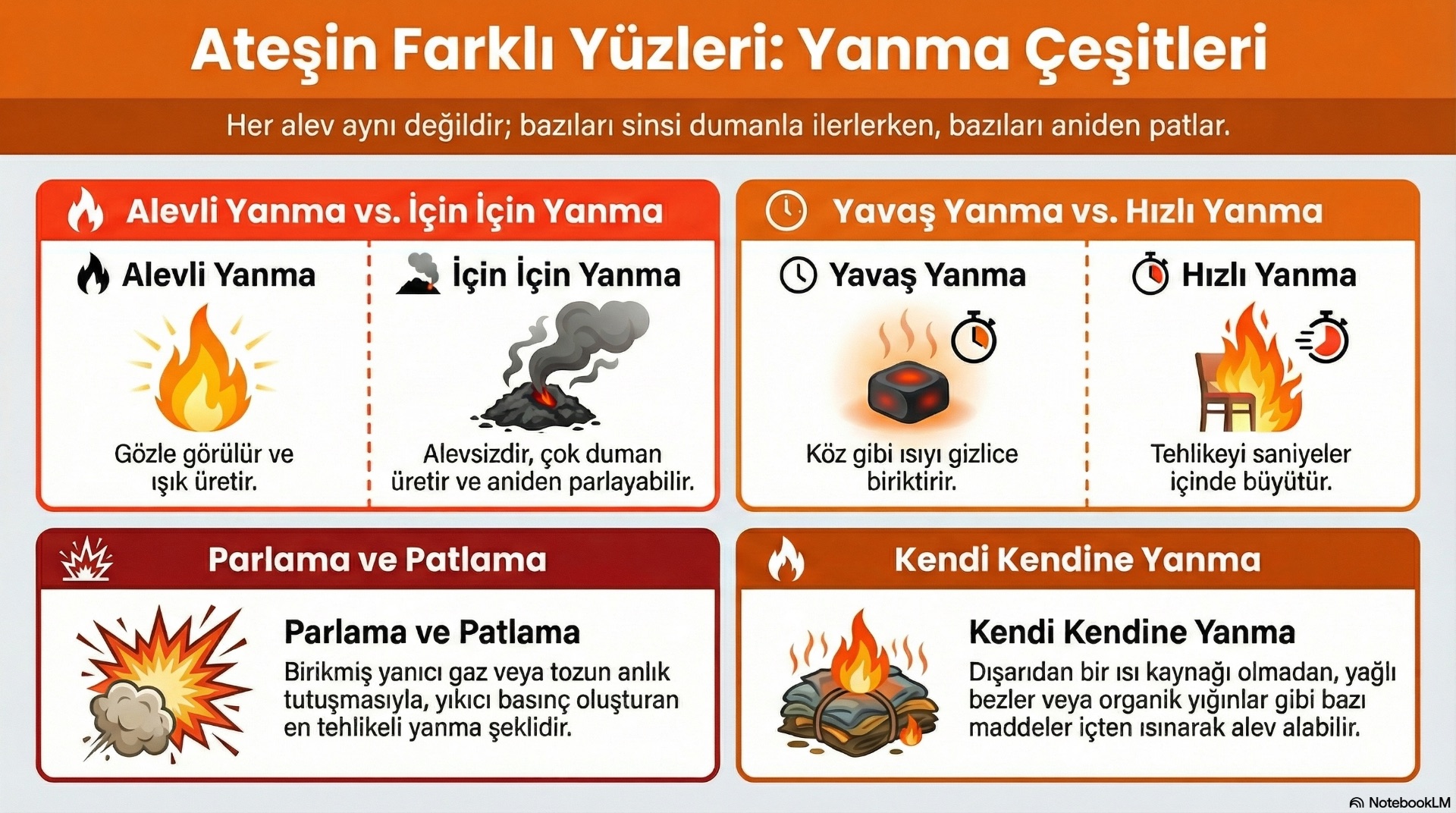 Yanma çeşidi, alevin hızı ve dumanın davranışı üzerinden yangının yayılışını değiştirir; farklı yanma türü ile risk düzeyi arasındaki bağ kurulur.