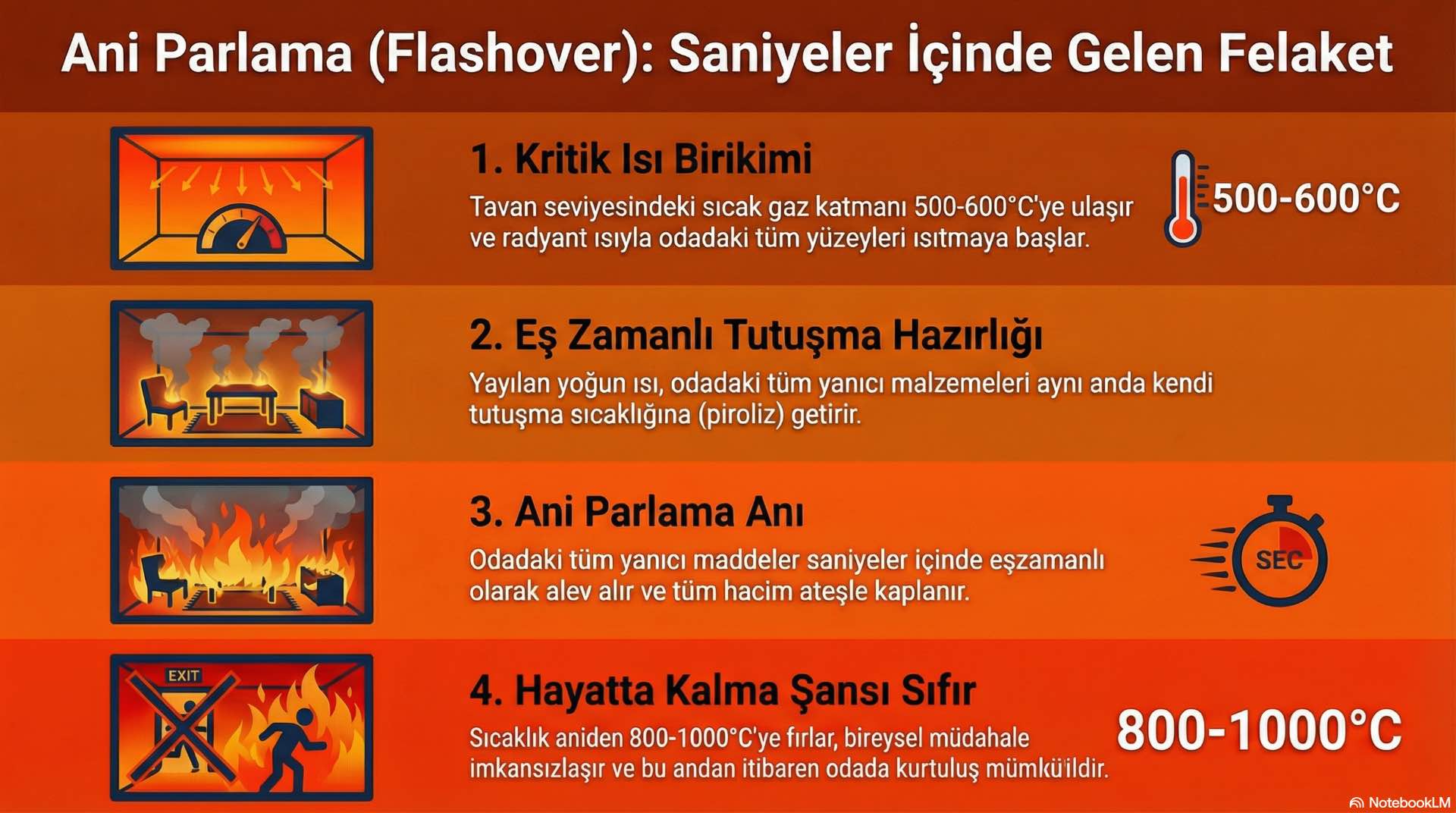 Kapalı hacimlerde biriken ısı ve yanıcı gazlar belirli bir noktadan sonra ani parlama oluşturur ve yangın tüm ortama aynı anda yayılır.