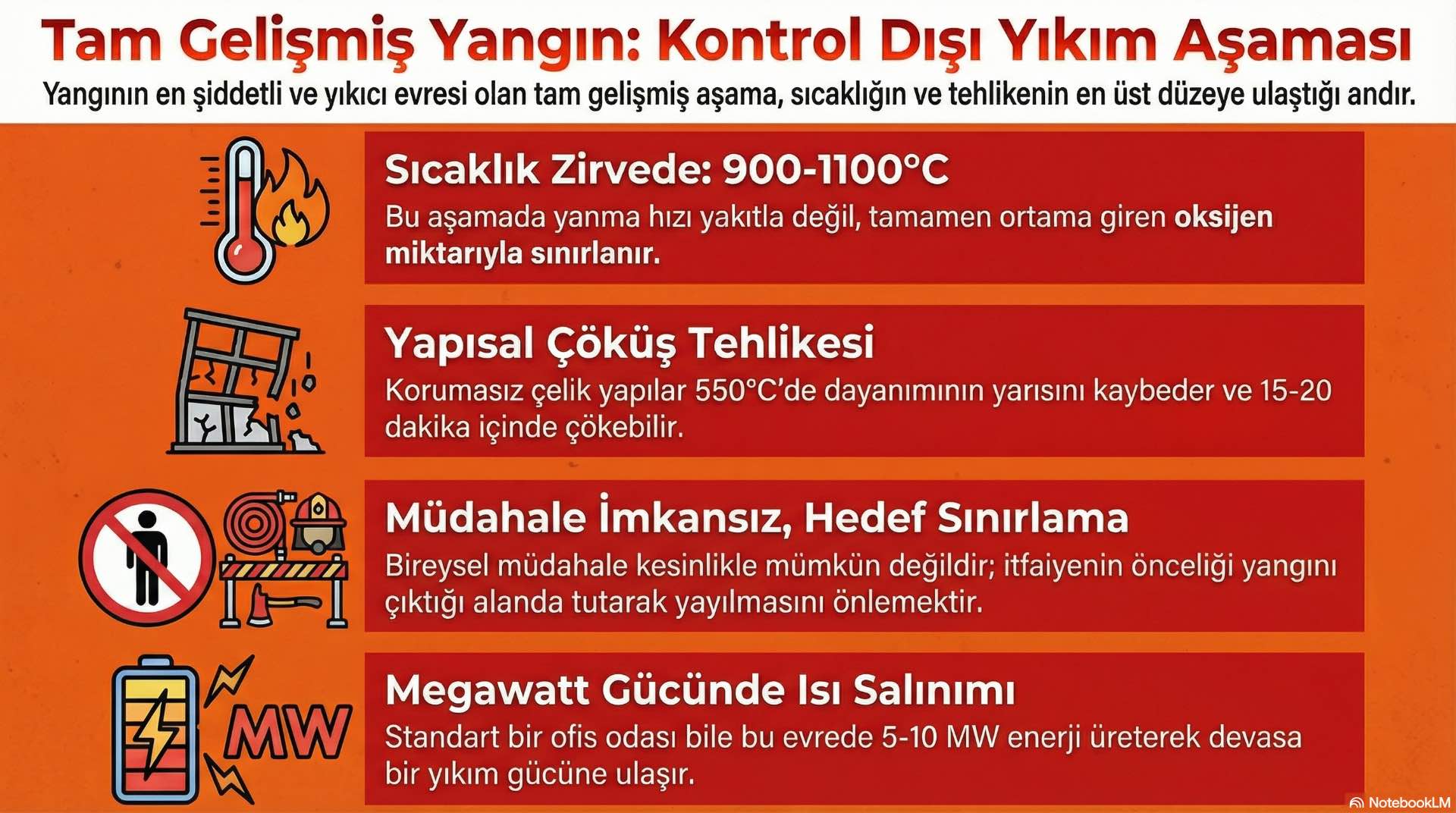Yangın en yüksek ısı ve yanma seviyesine ulaşır, yapısal elemanlar ciddi hasar görür ve çökme riski maksimum seviyeye çıkar.