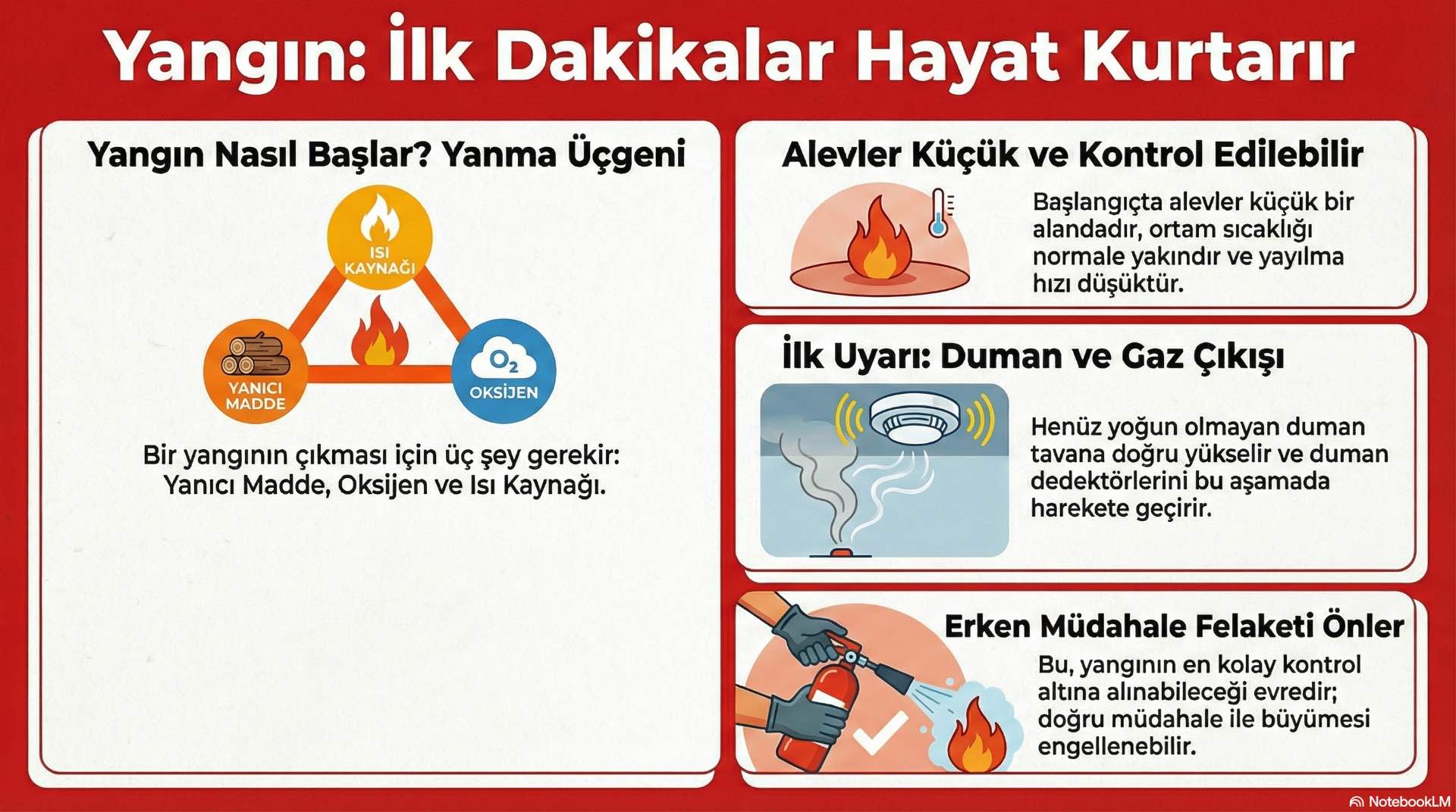 Başlangıç aşamasında yangın sınırlı alandadır ancak ısı ve duman üretimi hızla artmaya başlar, erken fark edilmezse kısa sürede kontrol dışına çıkabilir.