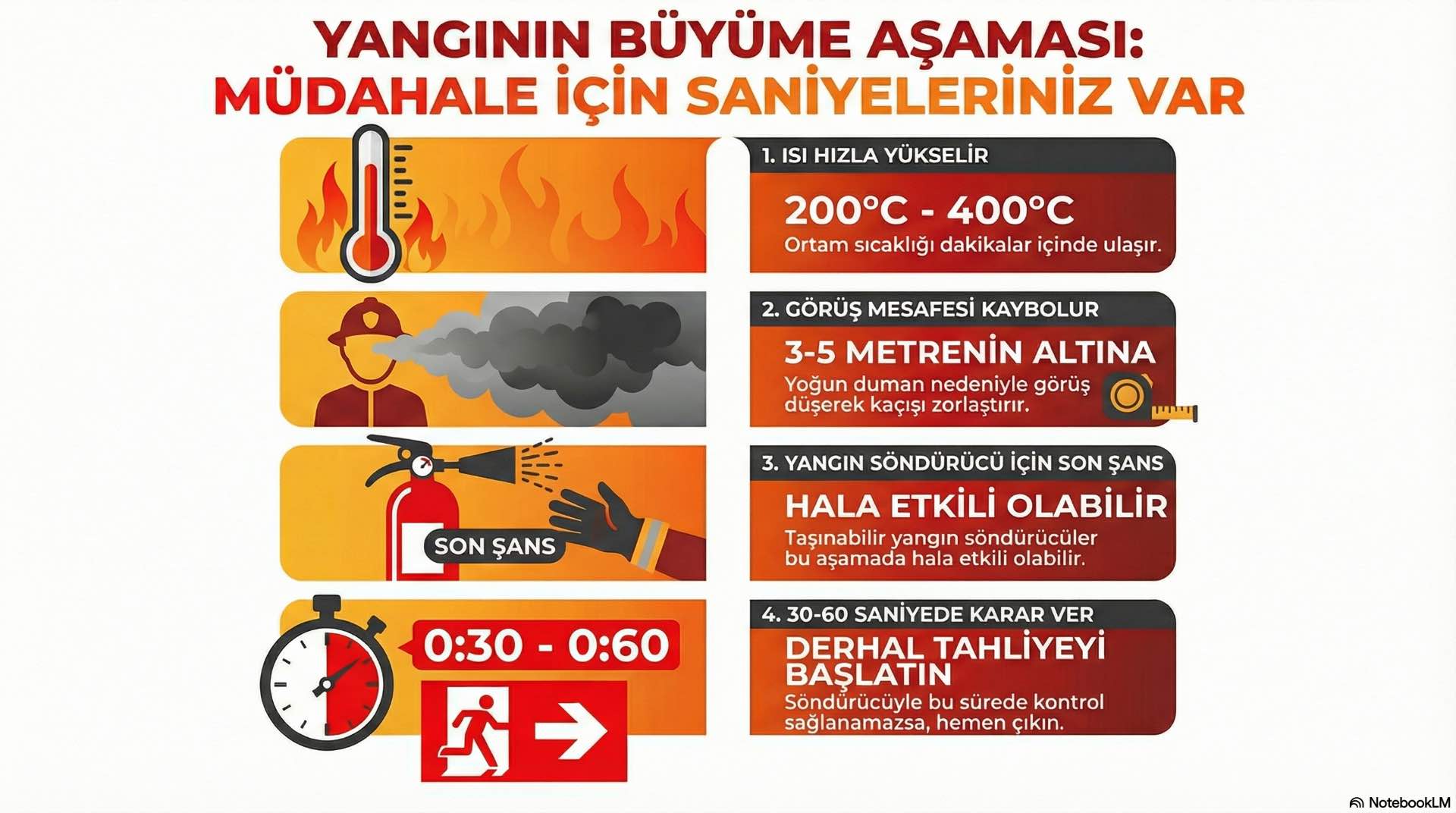 Bu aşamada yangın hızla yayılır, ortam sıcaklığı yükselir ve yanma şiddetlenir; tehlike seviyesi kısa sürede kritik boyutlara ulaşır.