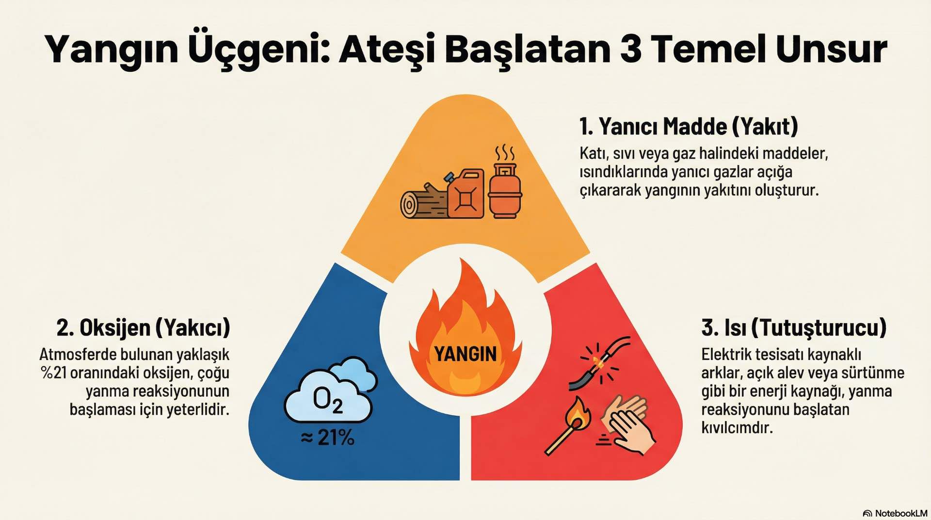 Yangının başlaması için yanıcı madde, oksijen ve ısı aynı anda bulunmalıdır; bu üç unsurun birleşimi yangın sürecini tetikleyen temel zemini oluşturur.