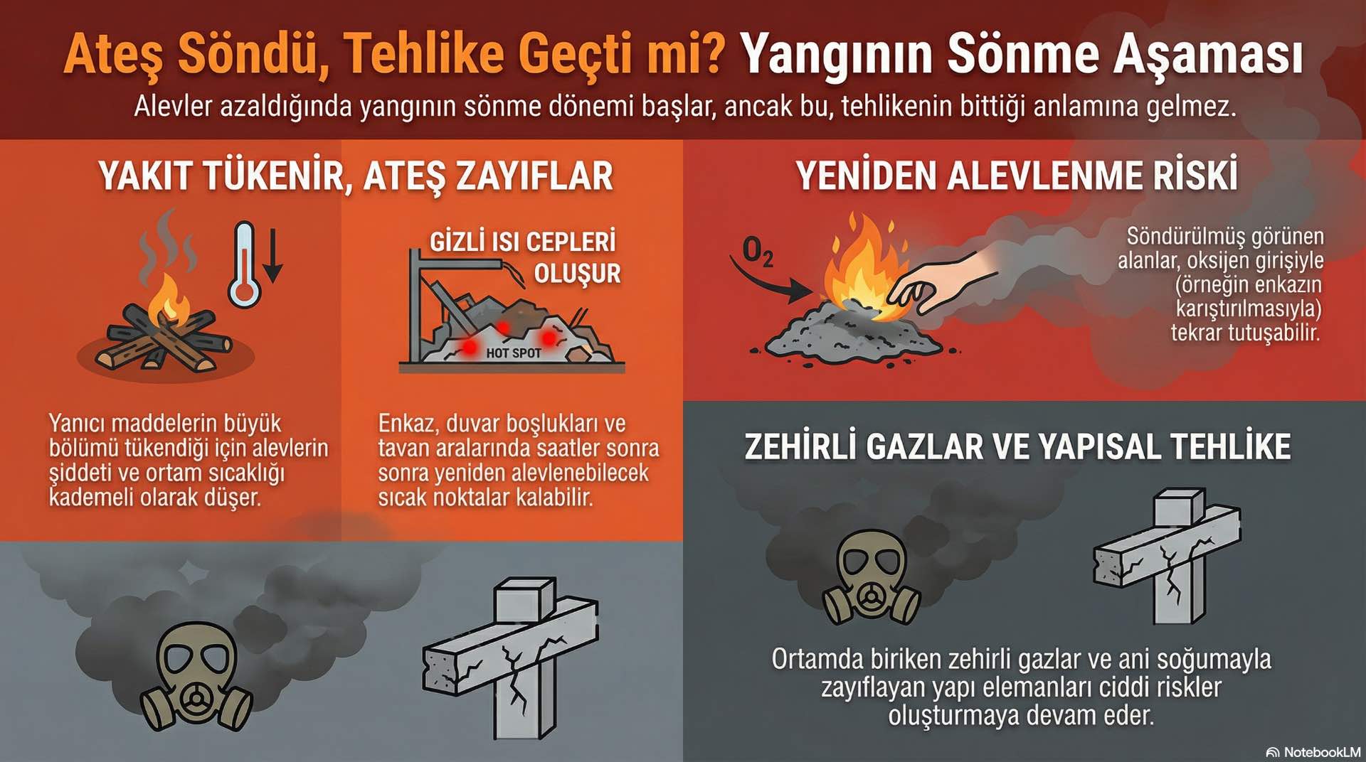 Yanıcı maddelerin tükenmesiyle alevler azalır ancak ortamda kalan ısı ve gazlar nedeniyle tehlike tamamen ortadan kalkmış sayılmaz.