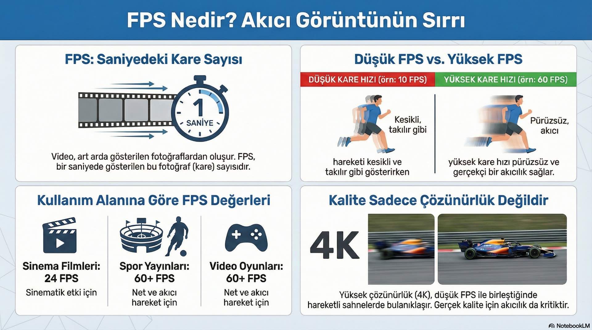 FPS, bir videoda saniyede gösterilen kare sayısını ifade eder ve görüntünün zaman içindeki akışını tanımlar.