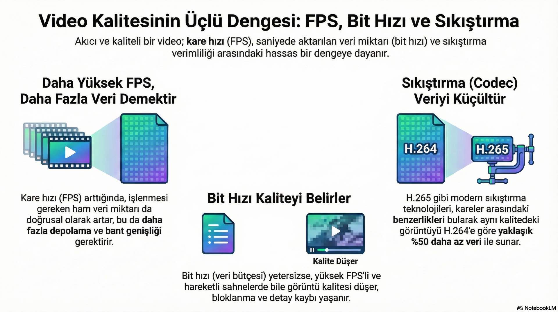 FPS arttıkça bit hızı ihtiyacı yükselir ve sıkıştırma teknolojileri görüntü kalitesini dengelemek için devreye girer.