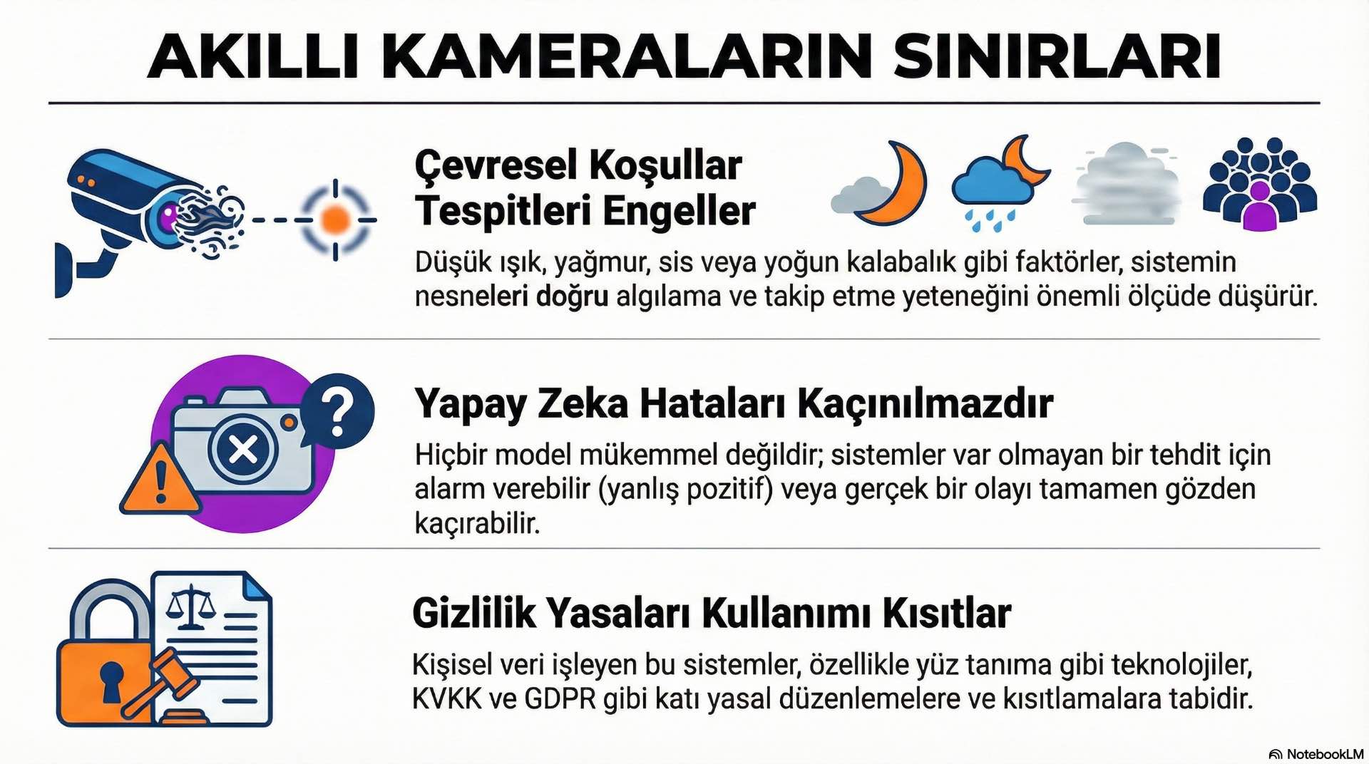Video Analiz Sistemlerinin Sınırlamaları Işık, hava koşulları ve sahne karmaşıklığı, analiz doğruluğunu etkiler ve gizlilik gereksinimleriyle birlikte dikkatli tasarım ister.