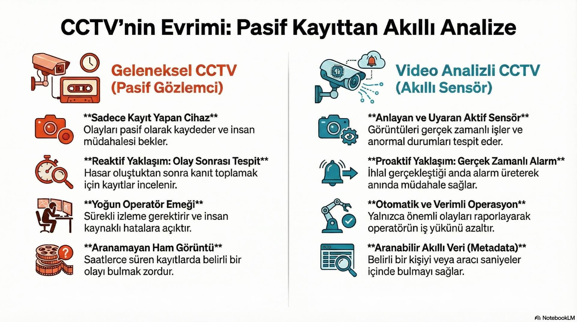 Video Analizin CCTV Sistemlerindeki Rolü Video analiz, CCTV altyapısı üzerinde kamera görüntülerini akıllı sekilde yorumlayarak güvenlik kararlarının daha hızlı ve tutarlı verilmesini sağlar.