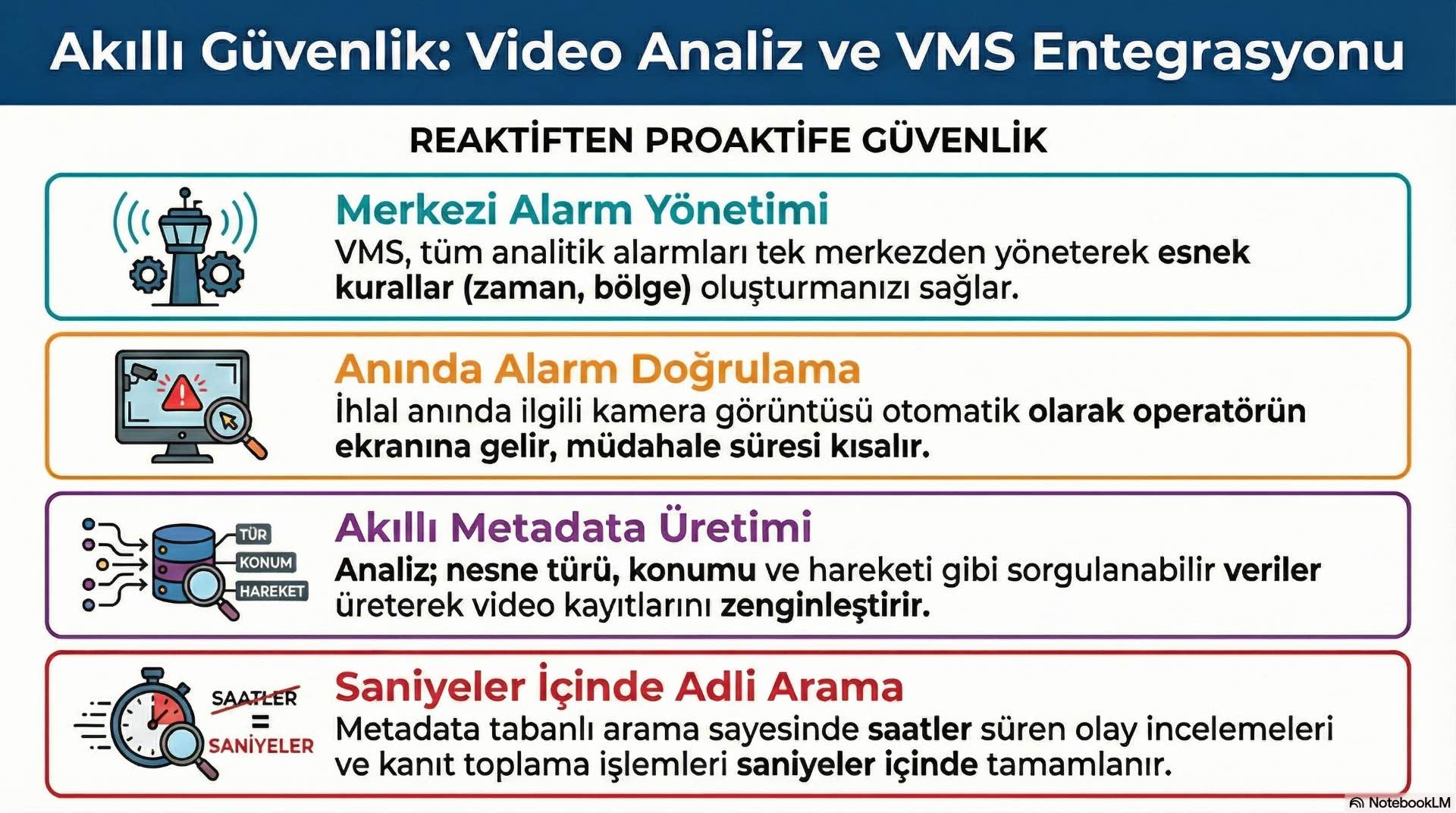 Video Analizin VMS ve Güvenlik Sistemleriyle Entegrasyonu Video analiz ile VMS entegrasyonu, alarmların, metadata bilgilerinin ve kayıtların tek bir güvenlik yönetim ekranında birlesmesini saglayarak operasyonel is akısını basitleştirir.