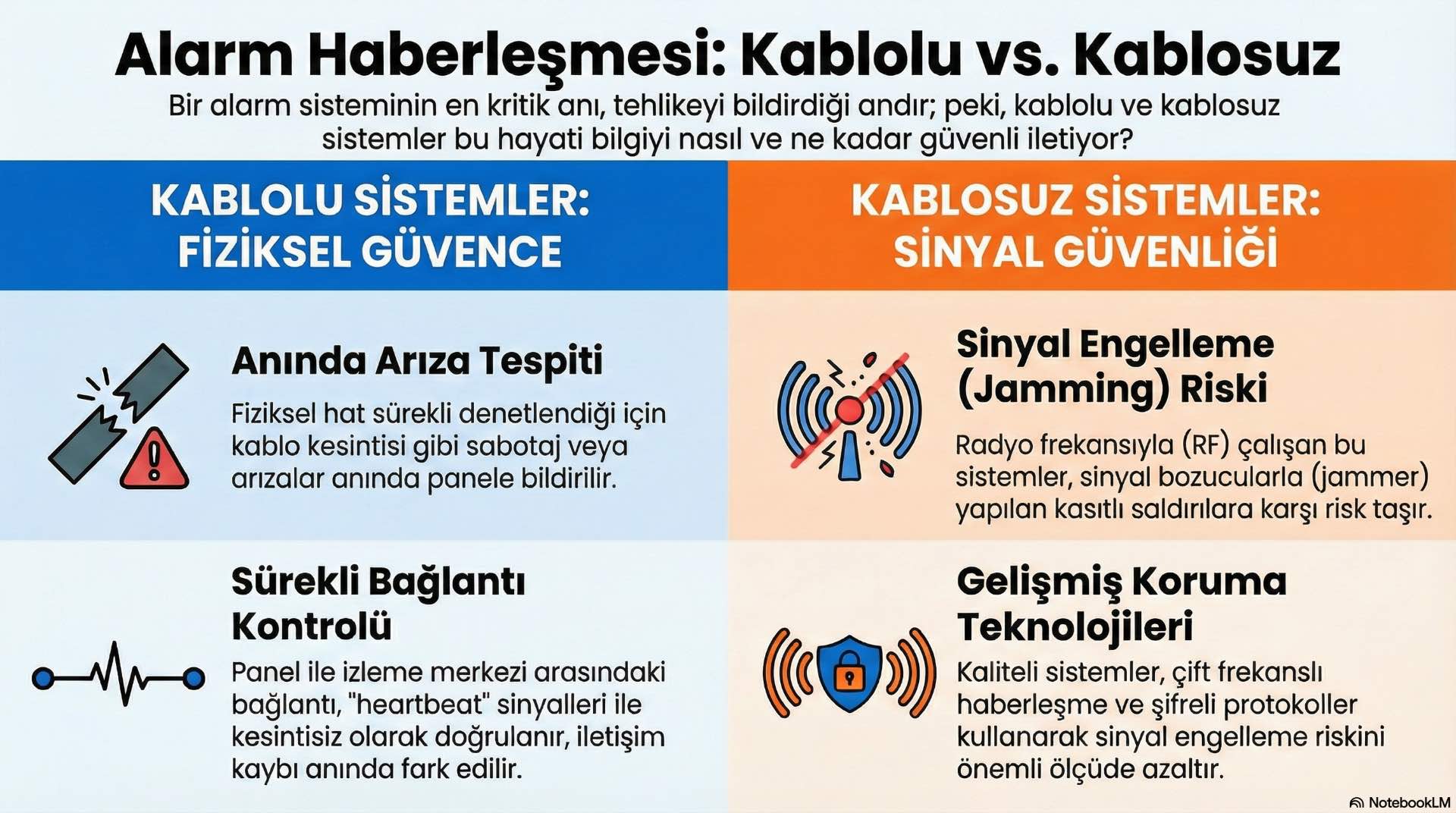 Alarm anında sistemin izleme merkezine veya kullanıcıya ilettiği sinyalin sürekliliği, kablolu ve kablosuz çözümler arasında operasyonel farklar yaratır.