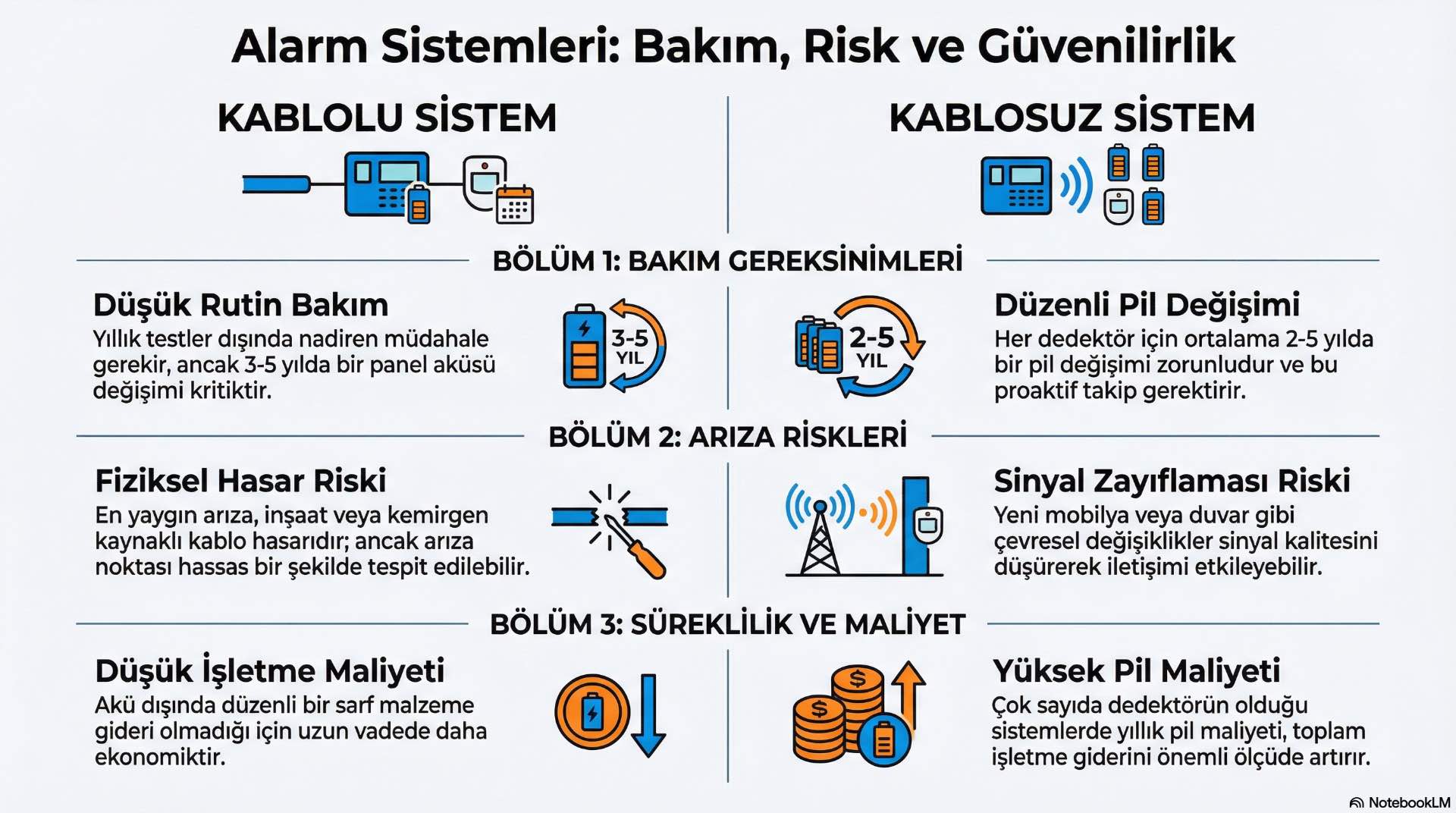 Kablolu sistemlerde fiziksel hatların durumu, kablosuz sistemlerde ise pil ömrü ve sinyal takibi, sistem sürekliliğini doğrudan etkiler.