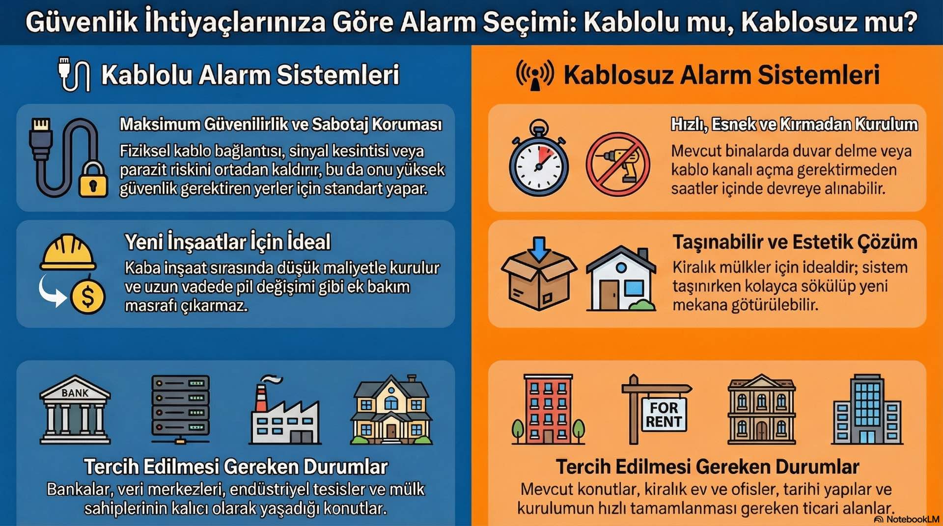Konut, ofis ve ticari alanlarda güvenlik riskleri ve kullanım alışkanlıkları, kablolu veya kablosuz hırsız alarm sistemlerinden hangisinin daha uygun olduğunu belirler.