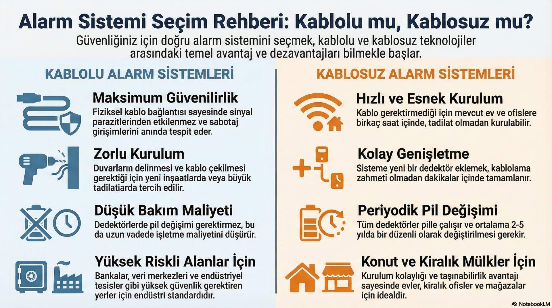 Kablolu ve kablosuz hırsız alarm sistemleri, algılama, haberleşme ve kontrol yöntemleri açısından farklı yaklaşımlar sunarak güvenlik ihtiyaçlarına göre ayrışır.