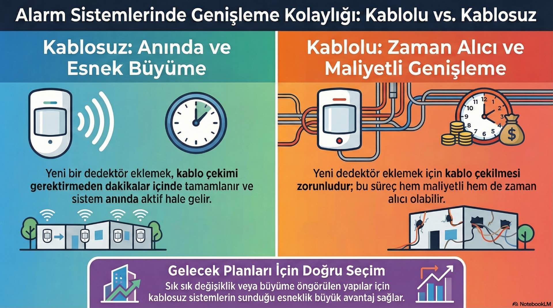 Yeni alanların korunması veya ek dedektör ihtiyacı, kablolu ve kablosuz alarm sistemlerinde farklı genişleme stratejileri gerektirir.