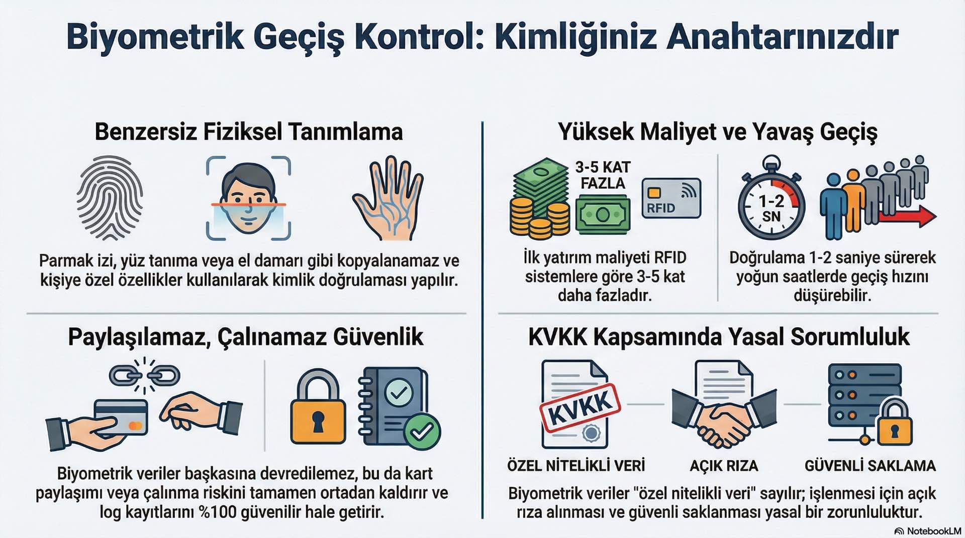 Biyometrik Geçiş Kontrol Biyometrik geçiş kontrol, parmak izi veya yüz tanıma gibi fiziksel özellikleri kullanarak kişiye özel kimlik doğrulama yapar.