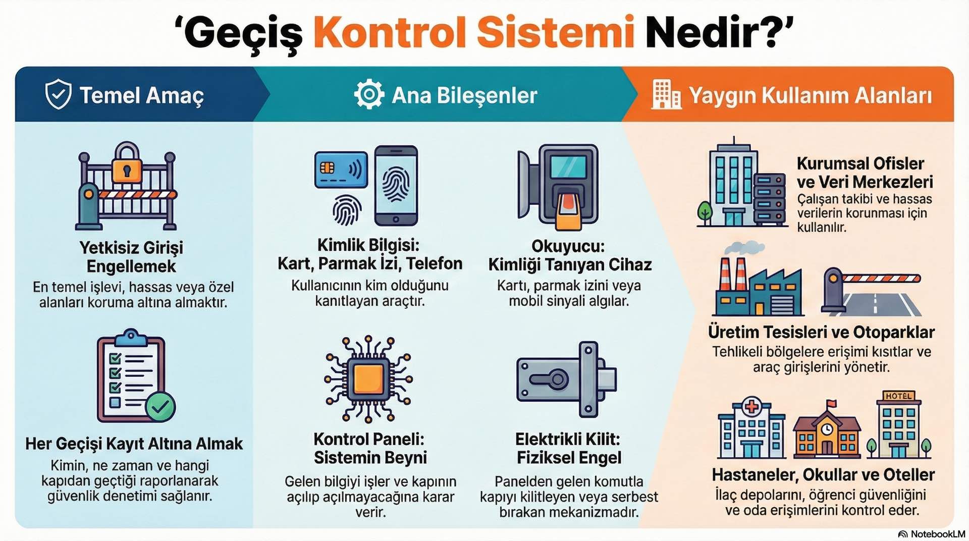 Geçiş Kontrol Sistemi Nedir? Geçiş kontrol sistemi, bir işletmede kimlerin hangi alanlara, hangi koşullarda erişebileceğini belirleyen güvenlik altyapısını ifade eder.