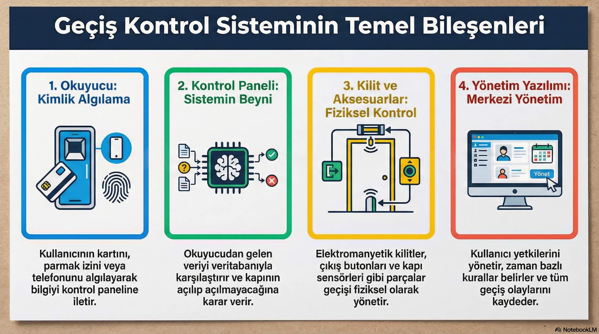 Geçiş Kontrolün Temel Bileşenleri Bir geçiş kontrol sistemi; okuyucular, kontrol panelleri, kilit donanımı ve tüm bu bileşenleri yöneten yazılımdan oluşur.