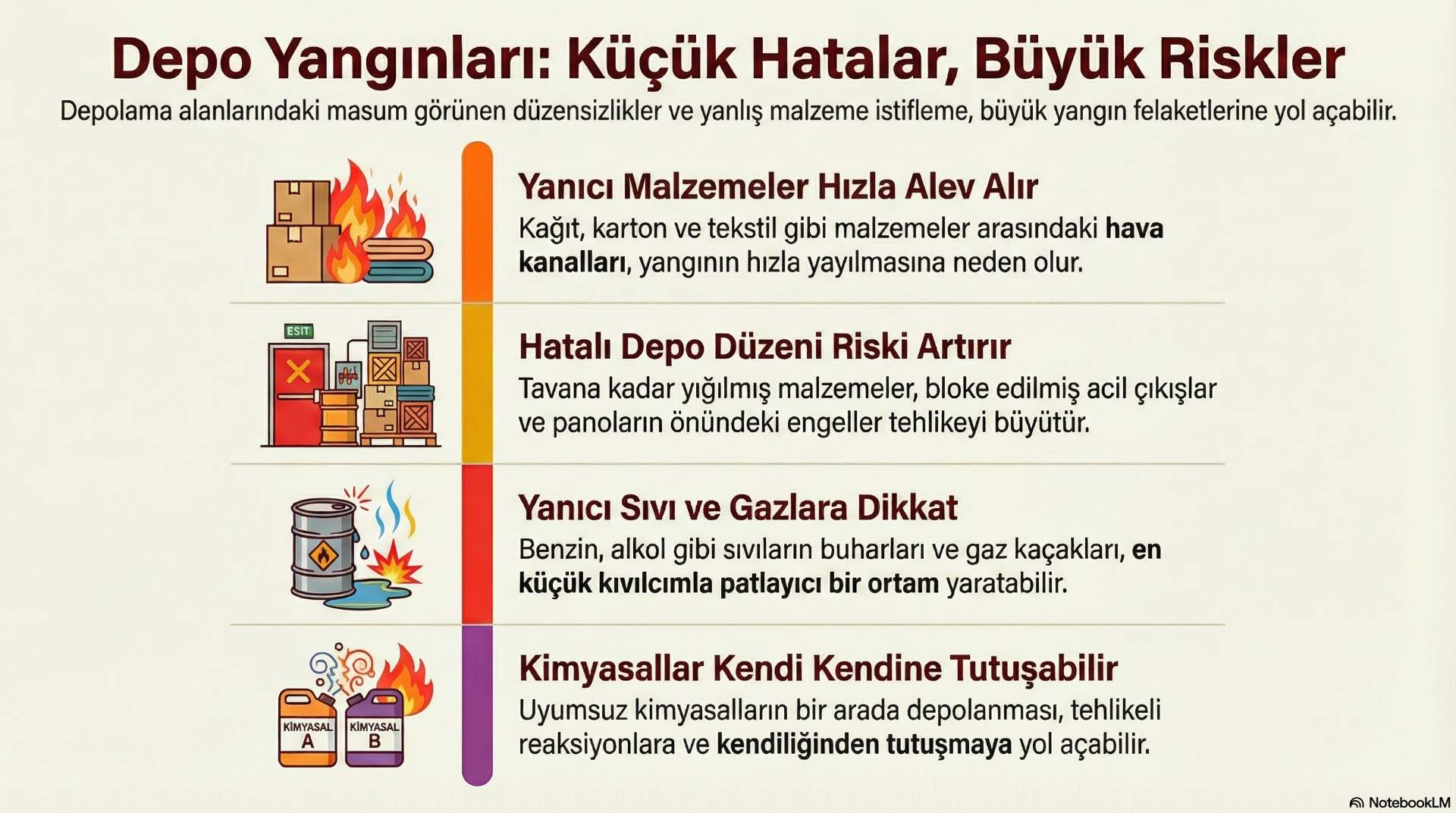 Depolanan malzeme ve kimyasal kombinasyonları, yangın yayılım hızını belirleyen ana neden arasında yer alır ve depo içi risk haritasını şekillendirir.