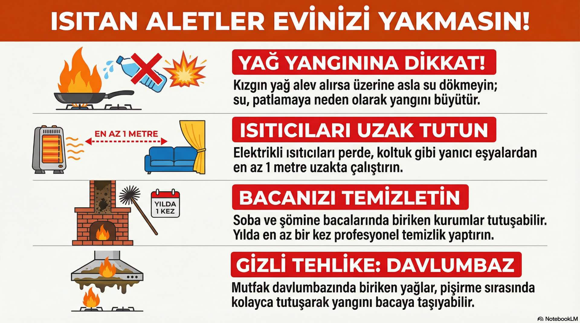 Mutfak, soba, fırın ve benzeri cihazlar çalışırken oluşan kontrolsüz ısı, yangın için yüksek risk taşır ve doğru önlem listesi gerektirir.