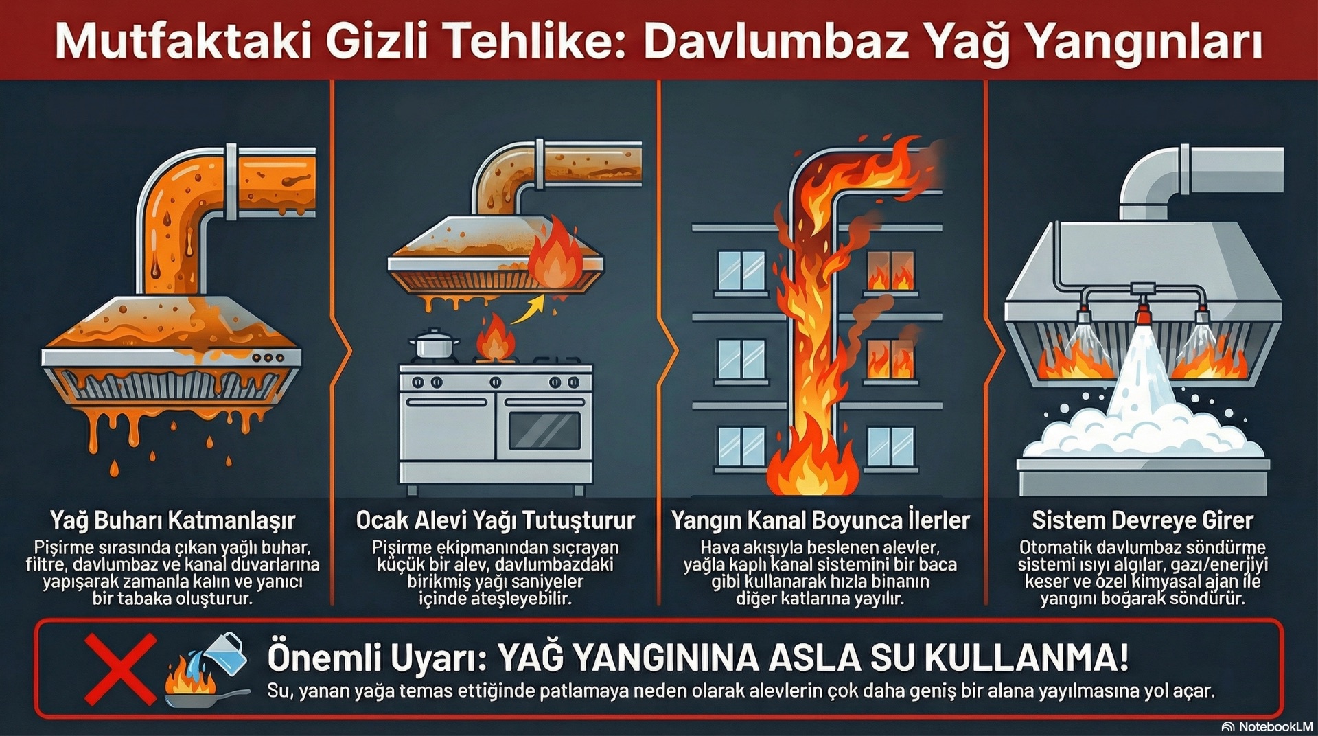 Davlumbaz ve kanal bölgesinde biriken yağ, restoran ve kafe mutfakları için en kritik senaryolardan biridir ve yerel söndürme olmadan hızla tüm hacme yayılabilir.