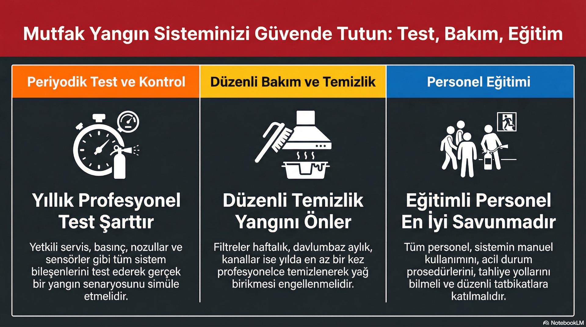 Restoran ve kafe mutfaklarında düzenli test, bakım ve personel eğitimi, yangın algılama ve söndürme sistemlerinin gerçek bir yangında güvenle çalışmasını sağlar.