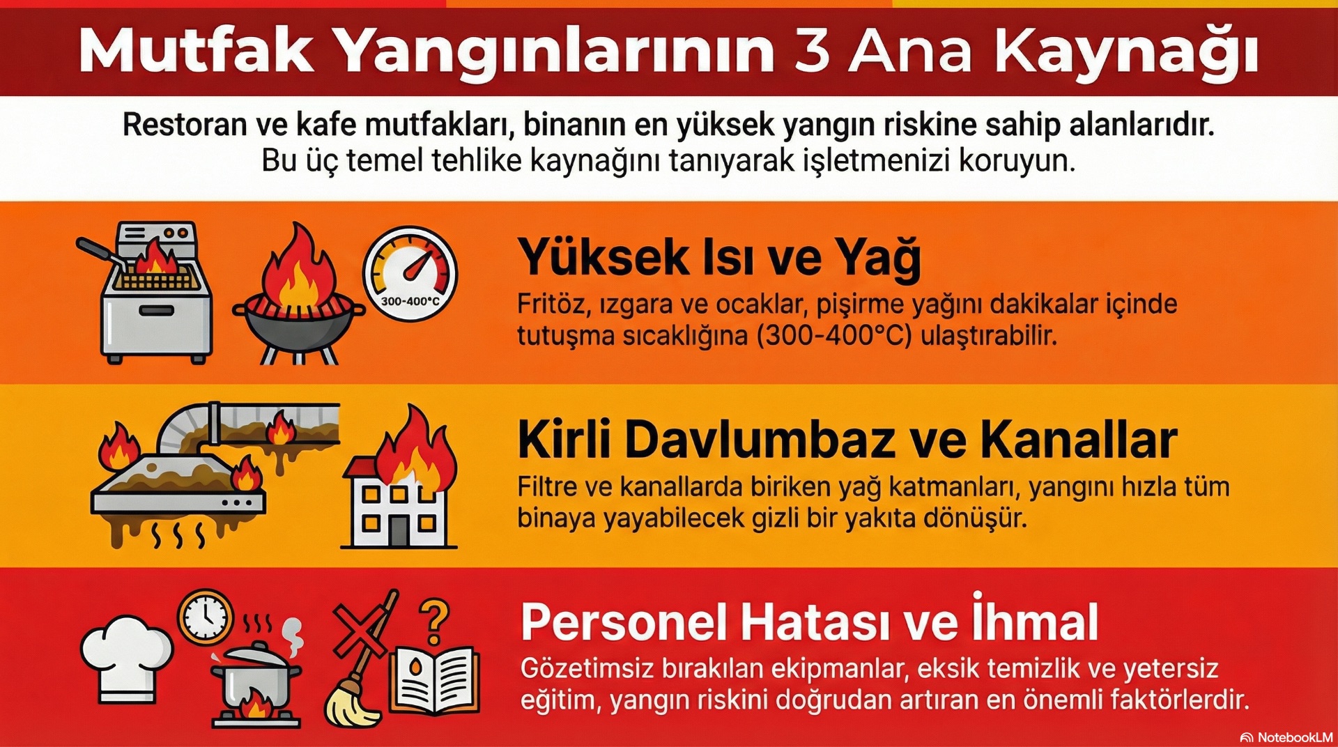 Restoran ve kafe mutfaklarında yağ birikmesi, kızgın yüzeyler ve açık alevin oluşturduğu yangın riskinin temel nedenlerini ve kritik noktaları özetler.