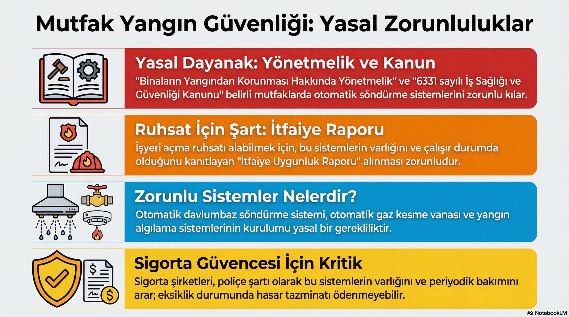 Türkiye’deki yangın ve iş güvenliği mevzuatı, restoran ve kafe mutfaklarında davlumbaz söndürme ve yangın algılama sistemlerini pratikte zorunlu hale getirir.