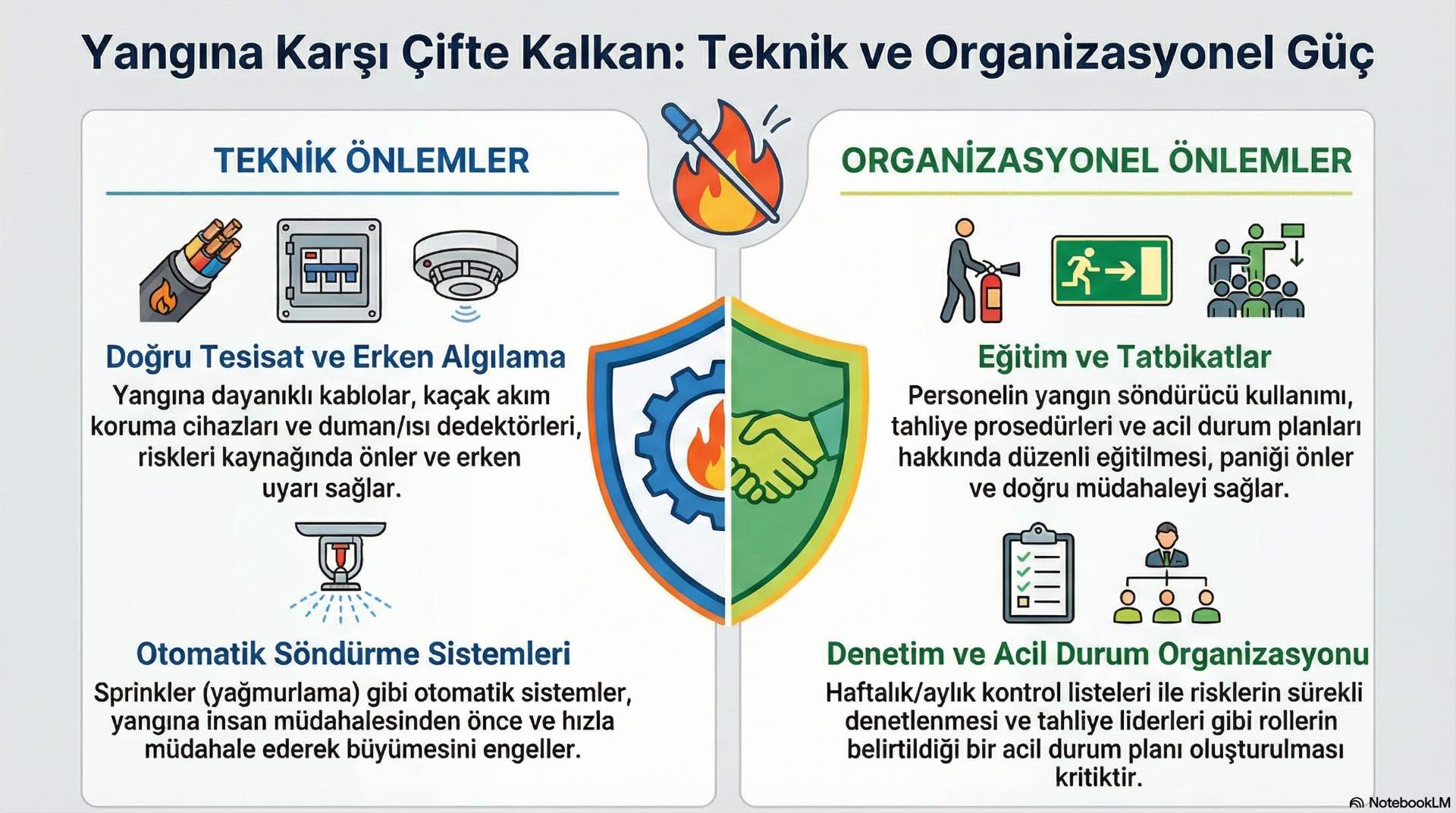 Her belirlenen yangın neden için uygun teknik önlem ve net görev tanımı şarttır; bu yapı, kalıcı güvenlik kültürü kurmanın temel adımı olur.