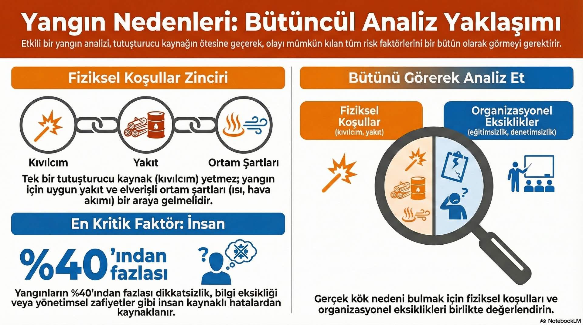 Her yangın olayında kaynak, ortam ve davranışı birlikte değerlendirmemiz gerekir; böylece gerçek neden grupları ve öncelikli risk alanları netleşir.