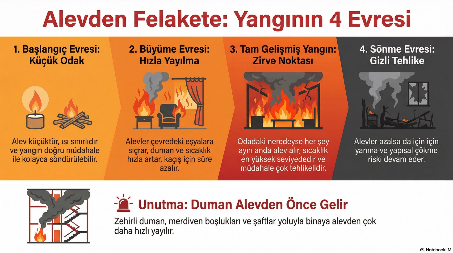 Yangının gelişim evresi, küçük bir odaktan başlayan yanma sürecinin alev, ısı ve dumanla güçlenerek hacme yayıldığı ve en yüksek şiddete ulaştığı zincirdir.