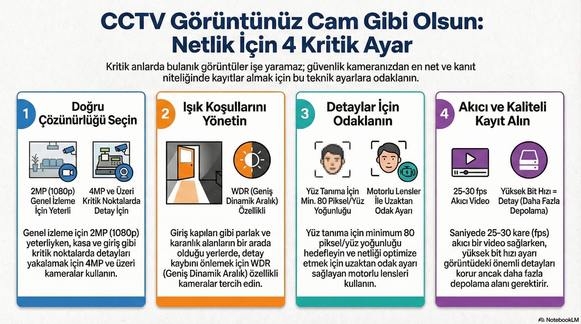 CCTV görüntü netliği, kamera konumu, görüş açısı ve sahneye uygun çözünürlük seçimiyle sağlanır.