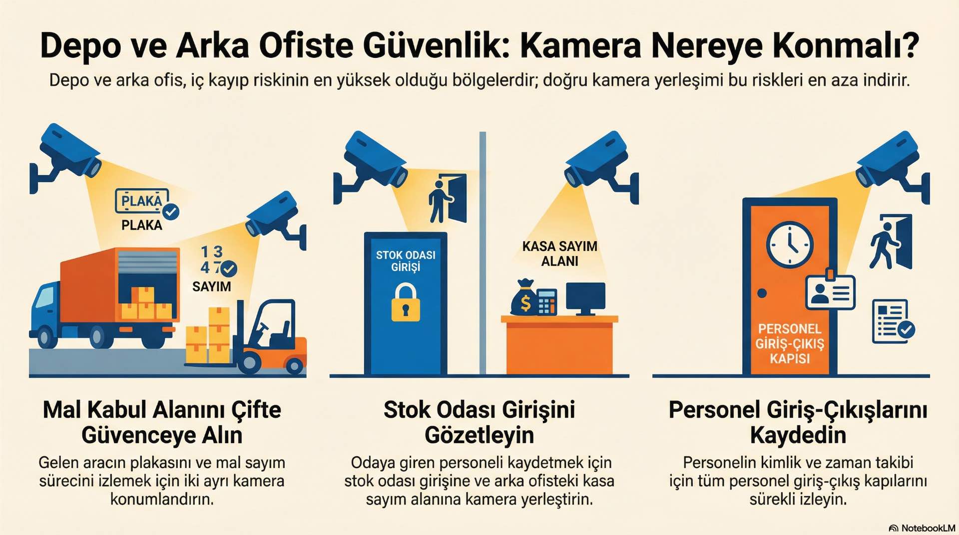 Depo ve arka ofis alanlarında CCTV kameralar, mal kabul, stok hareketleri ve personel geçişlerini kayıt altına alacak noktalara konumlandırılır.