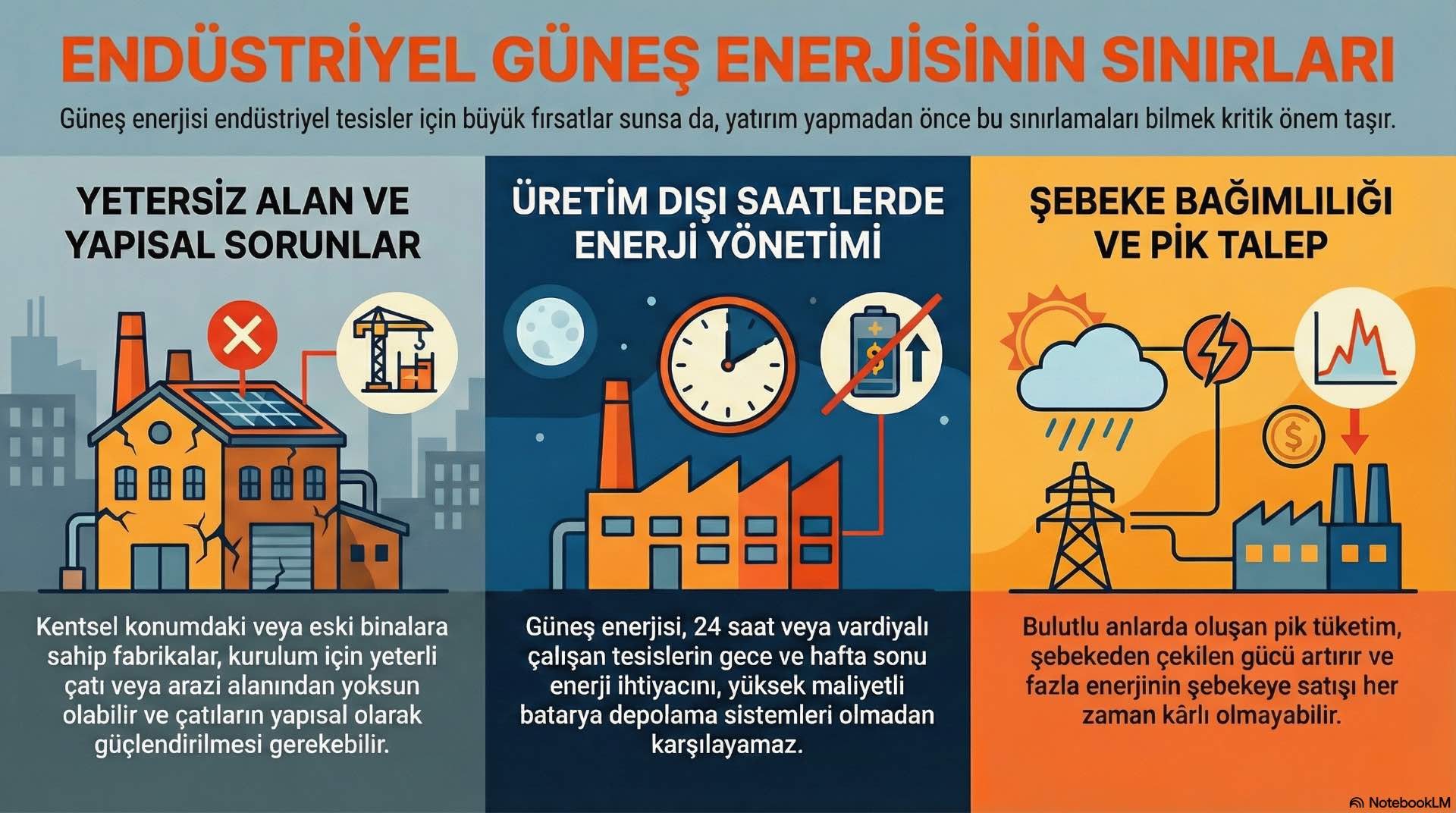 Endüstriyel ölçekte güneş enerjisi kullanımının sınırları Alan kısıtları ve üretim saatleri, endüstriyel ölçekte güneş enerjisi kullanımının sınırlarını belirler.
