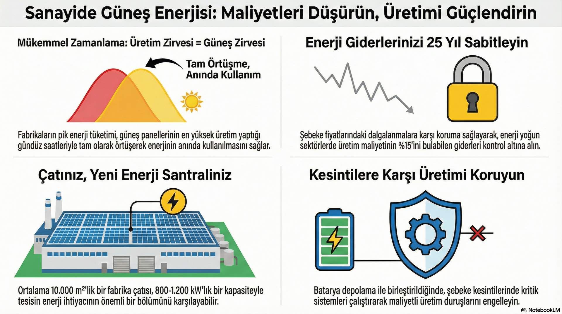 Endüstriyel tesislerde güneş enerjisi entegrasyonu Güneş enerjisi entegrasyonu, mevcut fabrika elektrik altyapısına uyumlu şekilde planlandığında tesisin enerji dengesini destekler.
