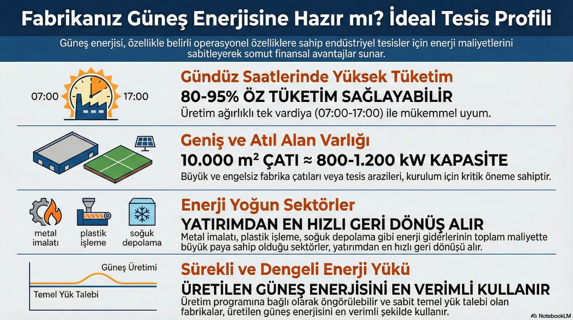 Güneş enerjisinin hangi tesisler için daha uygun olduğu Sürekli ve yüksek enerji tüketimi olan endüstriyel tesisler, güneş enerjisinden daha fazla fayda sağlar.