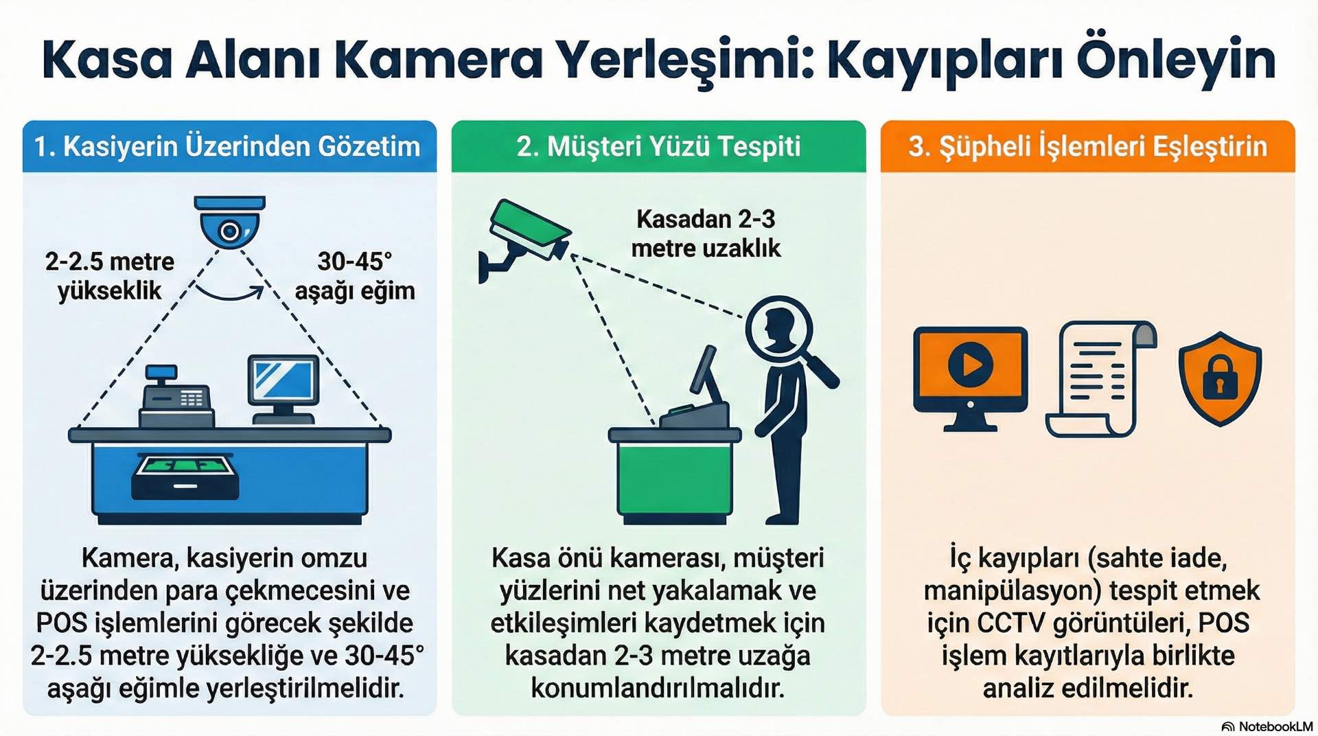 Kasa alanında CCTV kamera yerleşimi, ödeme işlemleri, kasa çekmecesi ve kasa önü etkileşimlerinin net şekilde izlenmesini hedefler.