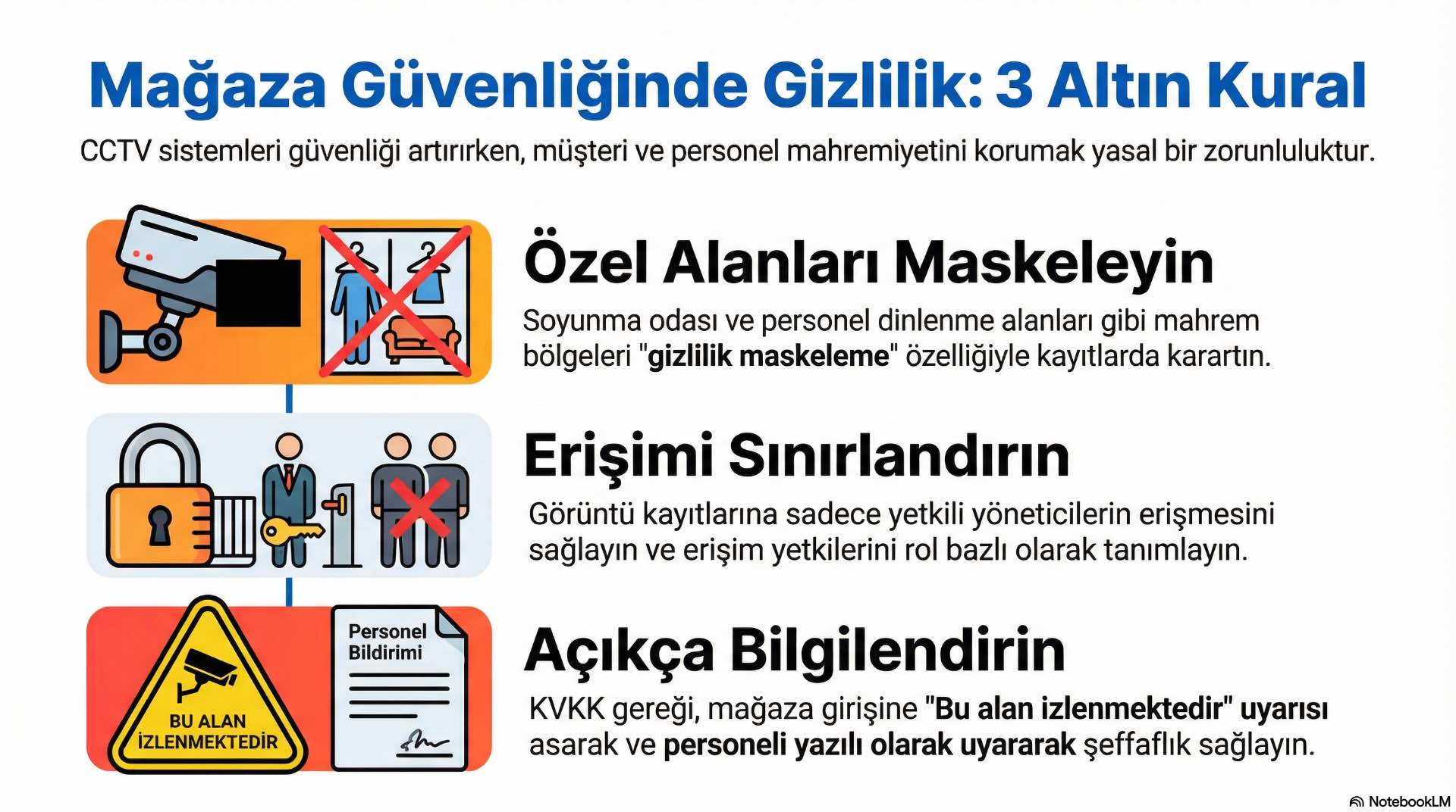 CCTV gizlilik uygulamaları, mahrem alanların maskelemesi ve kayıt erişim yetkilerinin sınırlandırılmasıyla sağlanır.