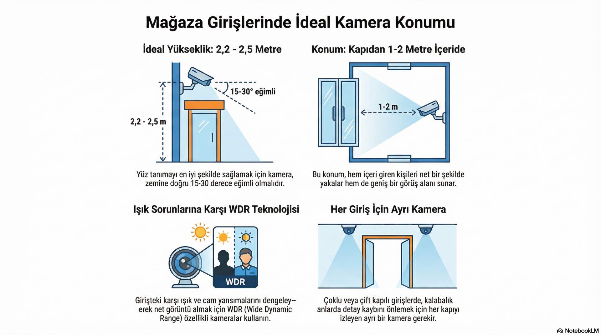 Mağaza giriş ve çıkışlarında CCTV kameralar, yüz tanımayı destekleyecek yükseklik ve açıyla, ışık kaynaklarından etkilenmeyecek noktalara yerleştirilir.