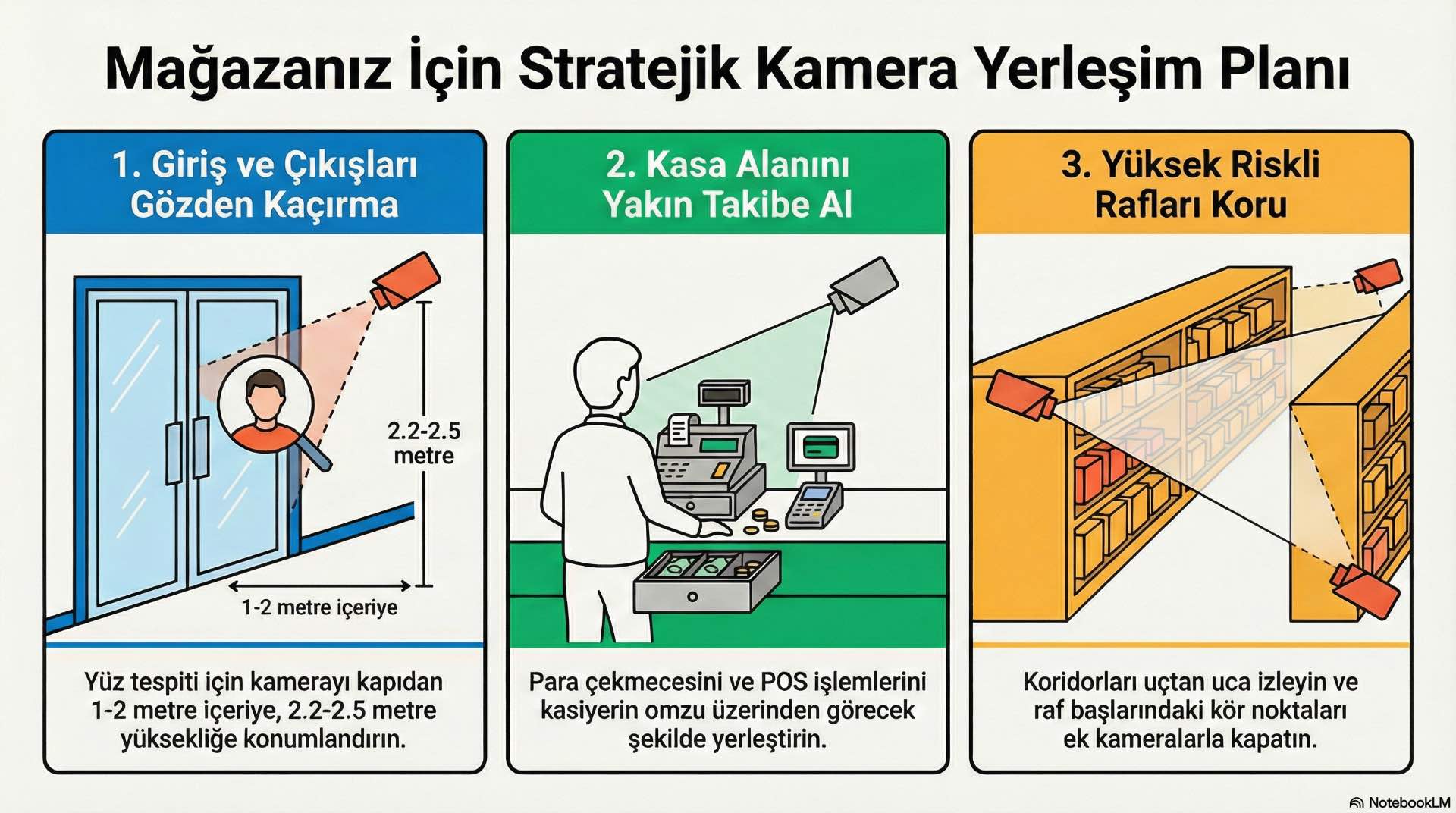 CCTV yerleşim planı, mağaza alan analizi, riskli bölgelerin tespiti ve kamera konumlarının kapsama sağlayacak şekilde seçilmesini içerir.