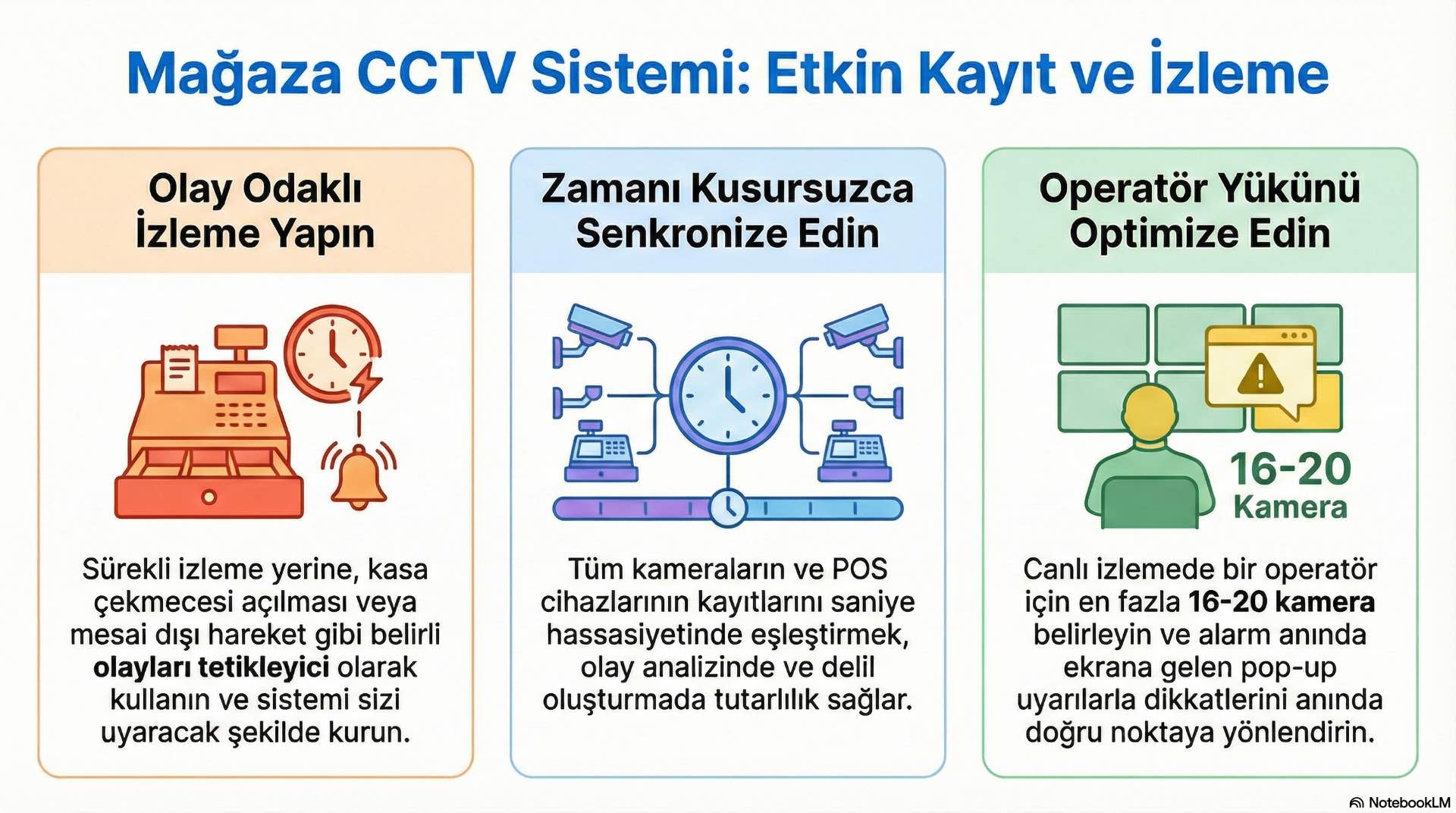 CCTV kayıt ve izleme yapısı, olayların zaman çizelgesiyle takip edilmesini ve operatörlerin kritik görüntülere hızlı erişimini destekler.