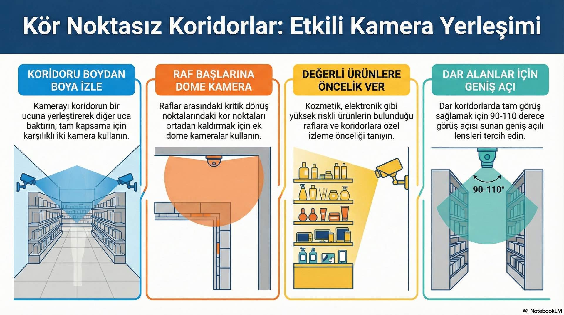 Raf ve koridorlarda kamera yerleşimi, ürün kaybı riskini azaltmak için koridor ekseni ve raf başlarını kapsayacak şekilde planlanır.