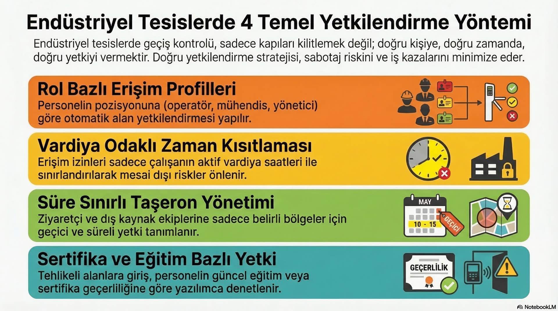 Endüstriyel tesisler için erişim kontrol yetkilendirme yöntemleri Geçiş kontrol sistemleri ile fabrika personeli için rol bazlı yetkilendirme yapılabilir. Bu sayede güvenlik ve erişim yönetimi daha etkili olur.
