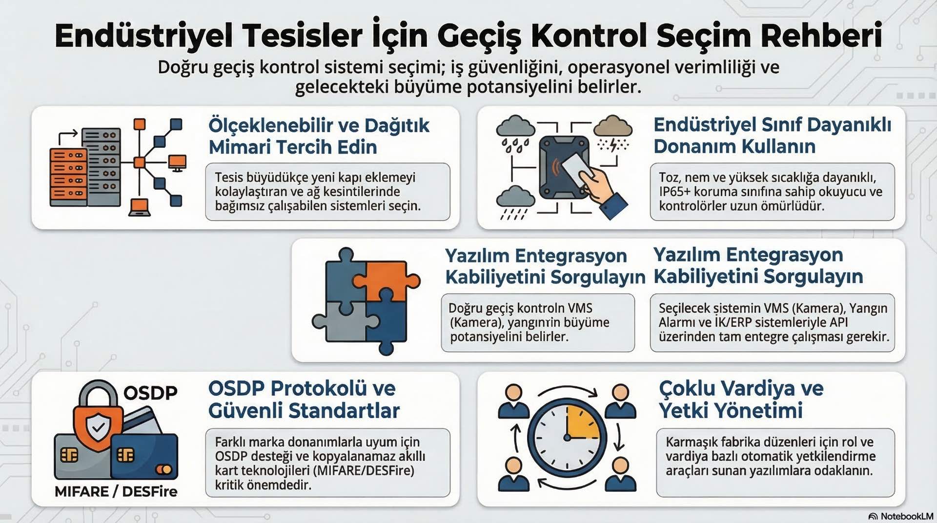 Endüstriyel tesislerde geçiş kontrol sistemi seçerken dikkat edilmesi gerekenler Geçiş kontrol sistemi seçerken fabrika ihtiyaçları ve güvenlik riskleri değerlendirilmelidir. Ölçeklenebilir ve güvenilir çözümler tercih edilmelidir.