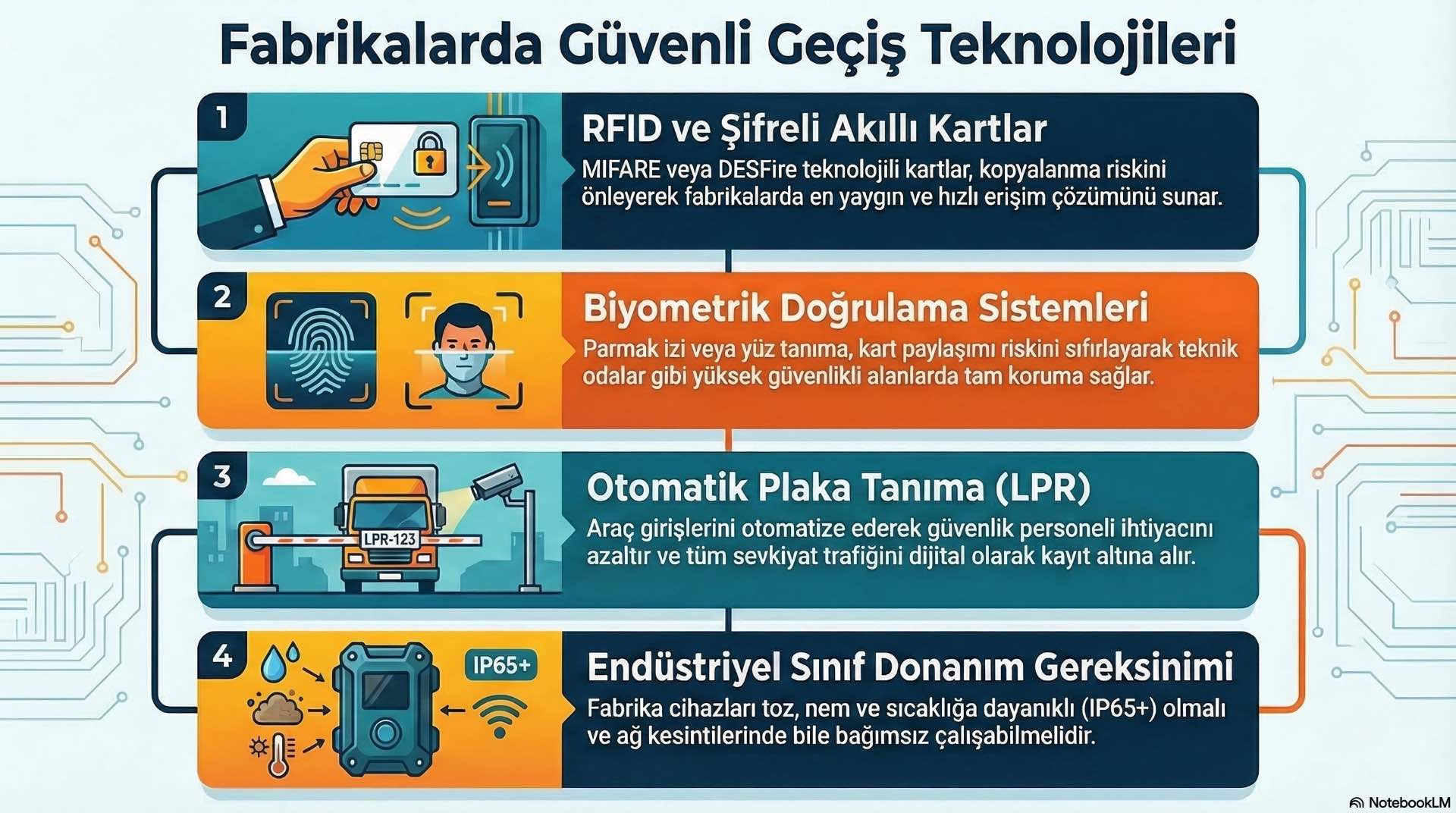 Fabrikalar için kullanılan geçiş kontrol teknolojileri Fabrikalarda kartlı geçiş kontrol, biyometrik doğrulama ve plaka tanıma çözümleri kullanılır. Bu teknolojiler endüstriyel tesis güvenliğini güçlendirir.
