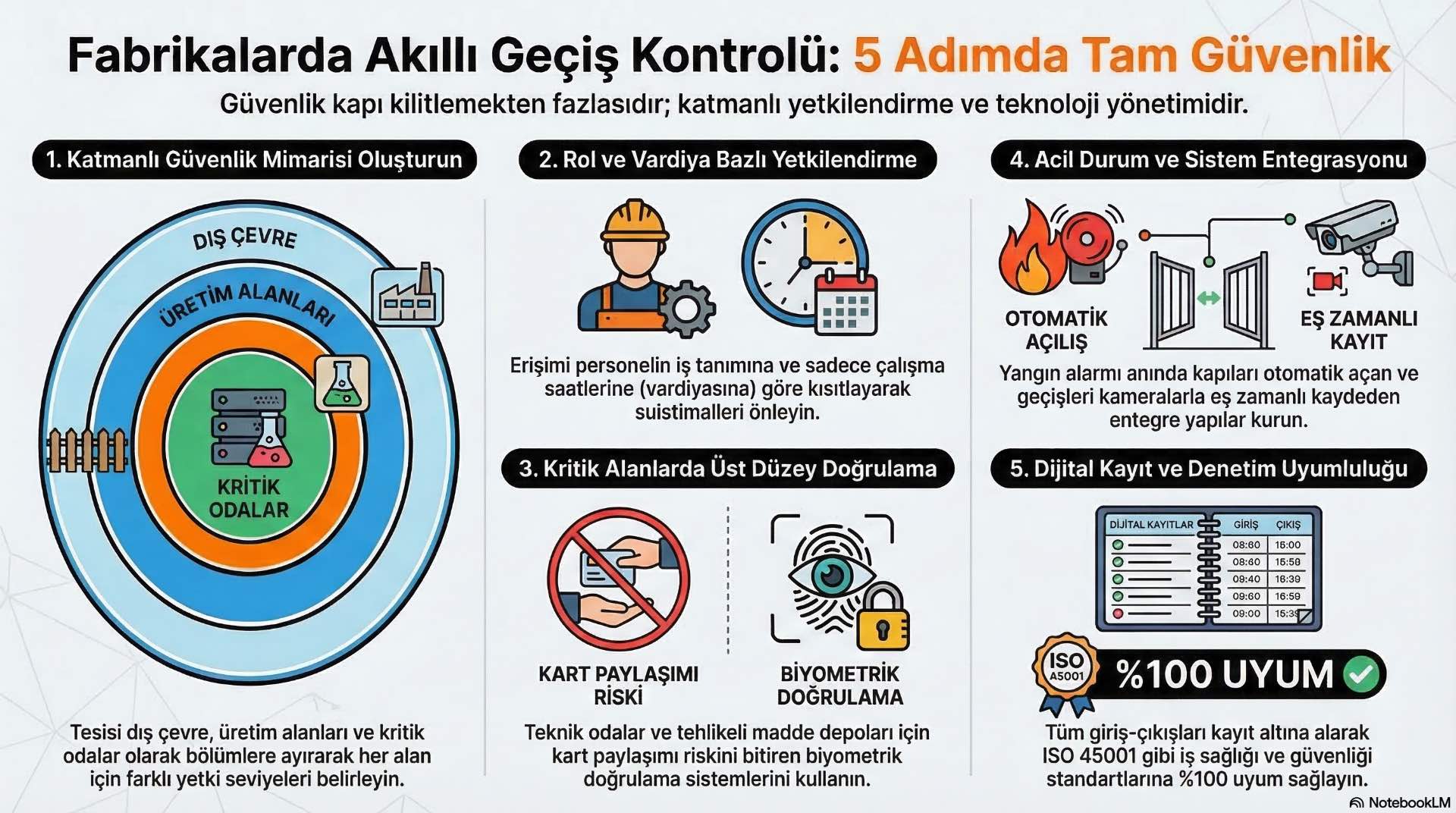 Fabrikalarda geçiş kontrol ile güvenlik nasıl sağlanır Geçiş kontrol çözümleri ile fabrikalarda güvenlik artırılabilir. Doğru yetkilendirme ile sadece izin verilen personelin erişimi sağlanır.