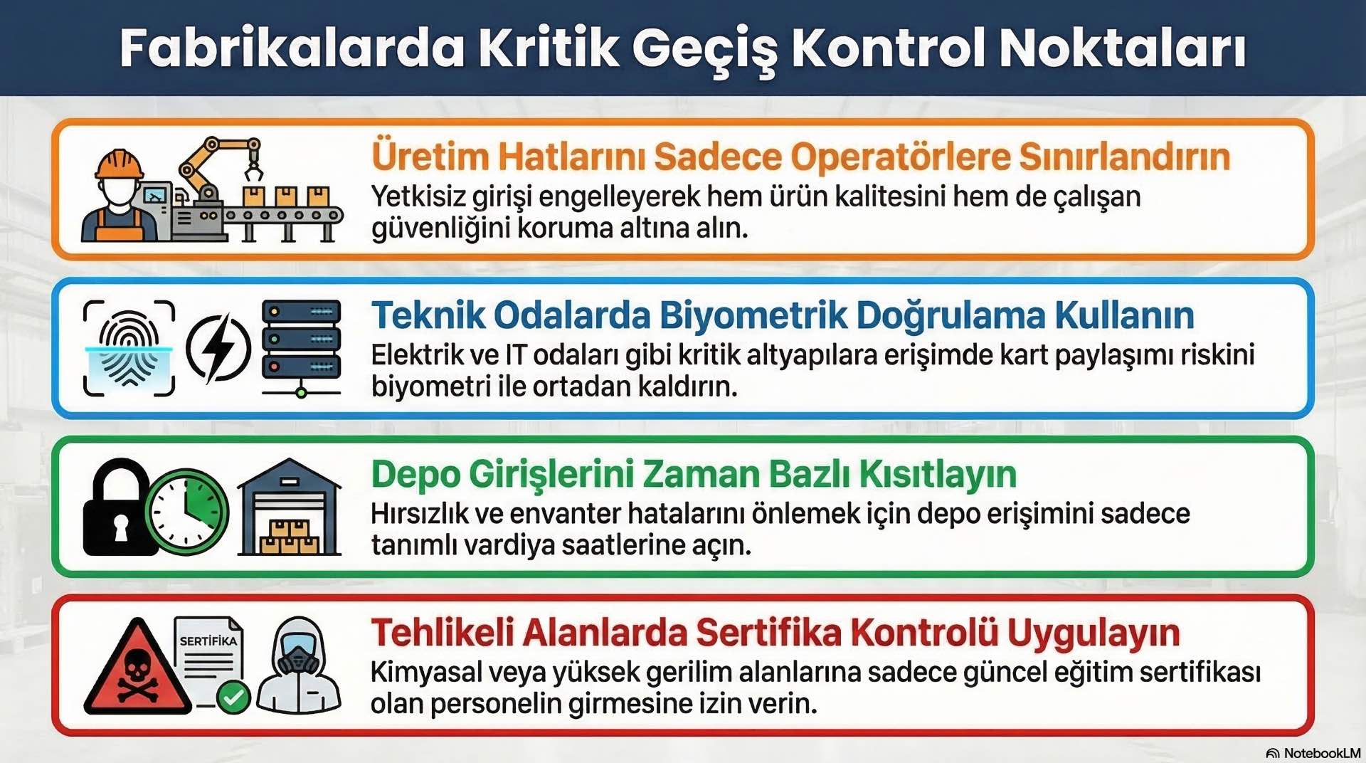 Fabrikalarda geçiş kontrol uygulanması gereken kritik alanlar Endüstriyel tesis içinde üretim alanları, depolar ve teknik odalar geçiş kontrol gerektirir. Bu alanlarda güvenlik için erişim sınırlandırılmalıdır.