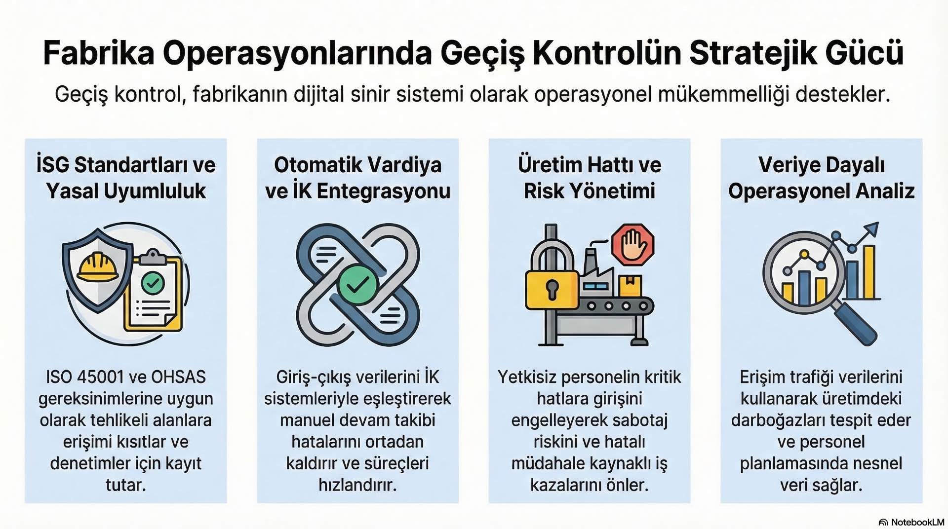 Geçiş kontrolün fabrika operasyonlarına katkıları Geçiş kontrol sistemleri fabrika güvenliğinin yanında operasyonel verimlilik de sağlar. Erişim kayıtları ile denetim ve izlenebilirlik kolaylaşır.