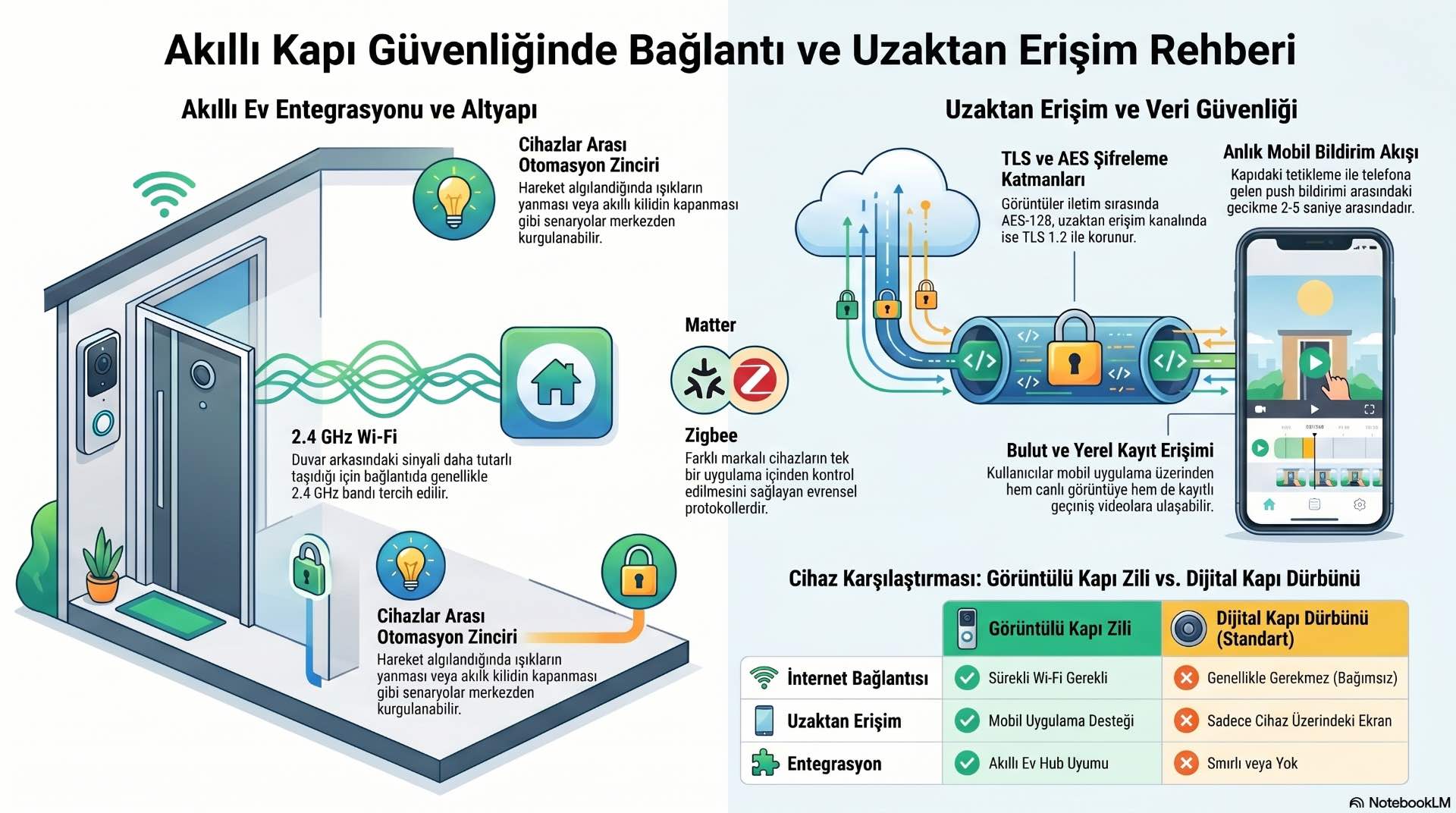 Akıllı ev bağlantısı, görüntülü kapı zili bildirimlerini telefona taşıyarak kapı önünü uzaktan kontrol etmeyi sağlar.
